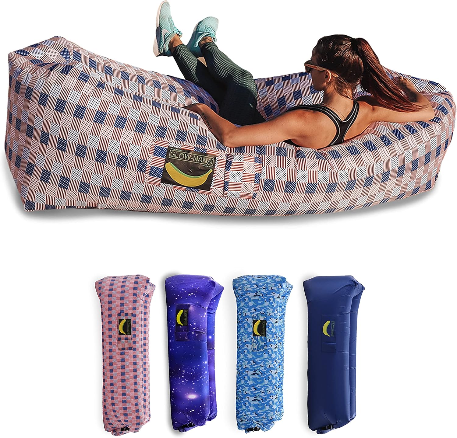 Rukket Sports Glow-Nana Inflatable Lounger, Blow Up Air Chair & Couch for Lounging, Camping, Beach, & Festival, Sofa Hammock for Adults & Kids, Portable Wind Furniture Loungers (Glow USA)