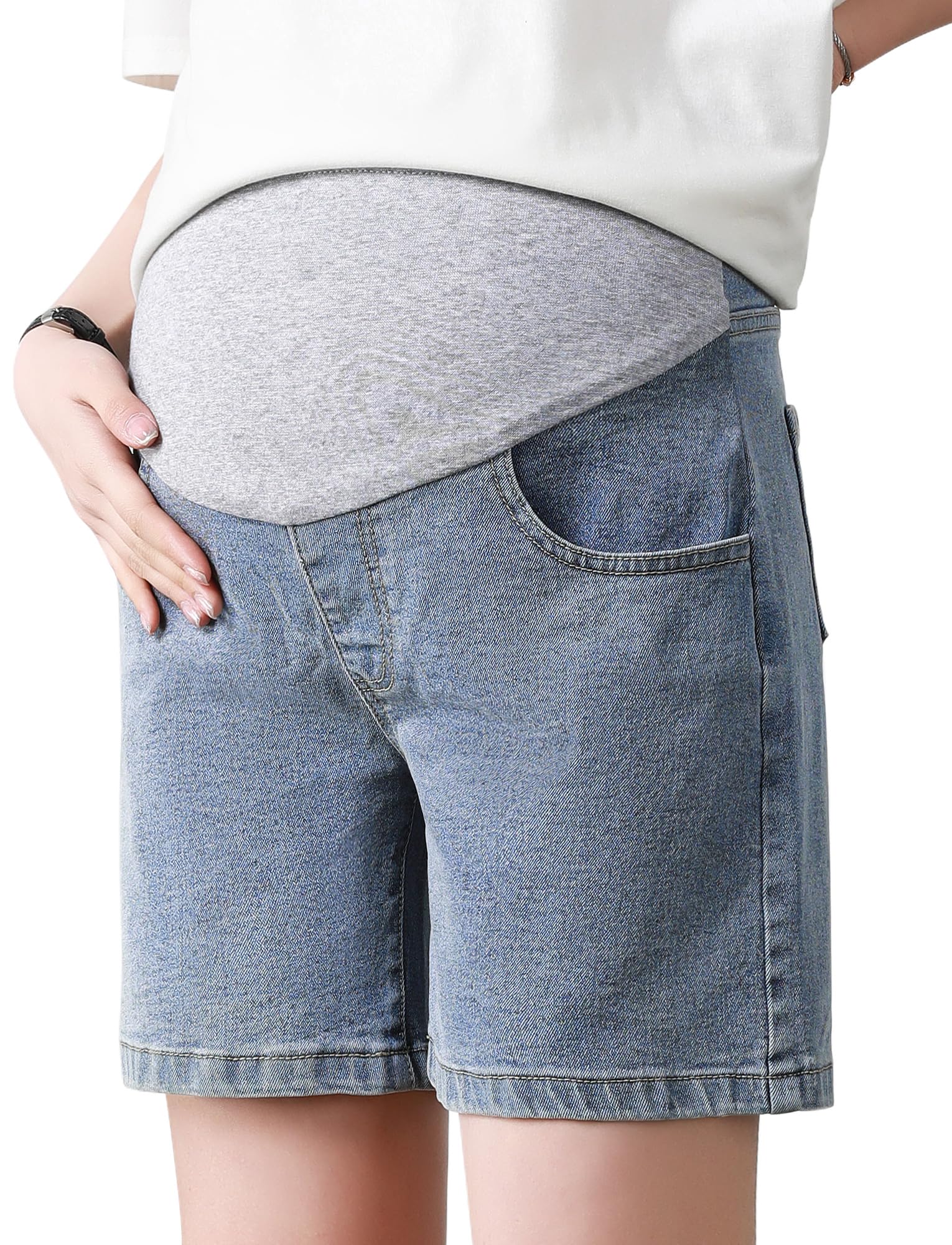 FEOYA Premaman Estiv Pantaloncini Classici a Gamba Dritta Jeans di maternità alla Moda Denim Shorts di maternità con Vita Elasticizzata S-4XL