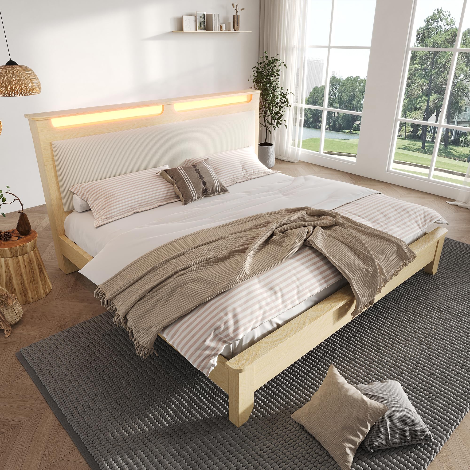 REXO Letto matrimoniale in legno 180×200cm, testiera con vano portaoggetti, illuminazione a LED e schienale imbottito in corda beige, telaio del letto con doghe in legno, rovere chiaro (senza