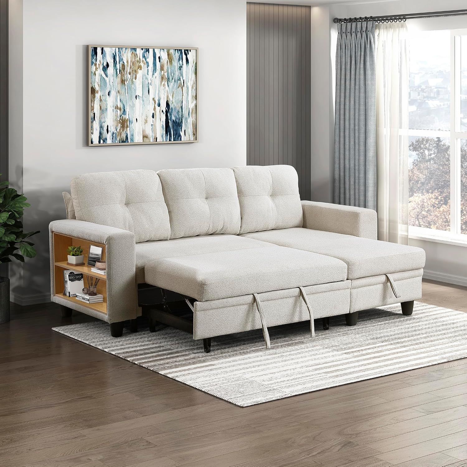 Lexicon L-Shaped Sectional with Pull-Out Bed, Boucle Upholstered Sofa Chaise, Reversible Chaise, Storage Shelves, USB Ports, Tufted Back, Sectional for Living Room/Apartment, 3-Seater, Beige