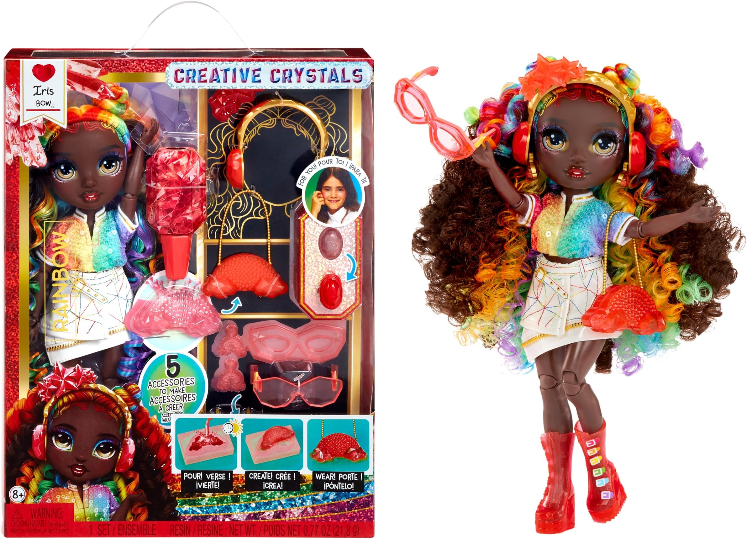 Creative Crystals Iris - Rainbow 11” Fashion Doll with Crystal Accessory Make It Kit, Ring for You, DIY, Crafts, Resin Play, Kids Gift 8+