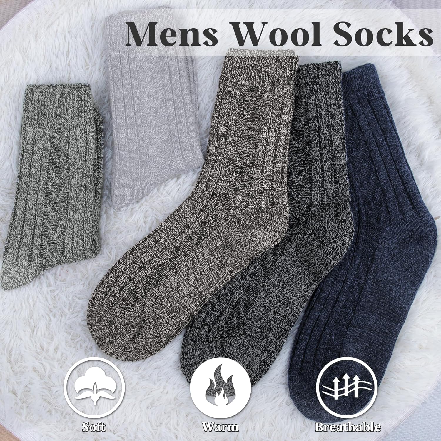 Mens Wool Socks for Winter Thick Warm Hiking Sock Soft Casual Nordic Boot Socks Large Dark Color