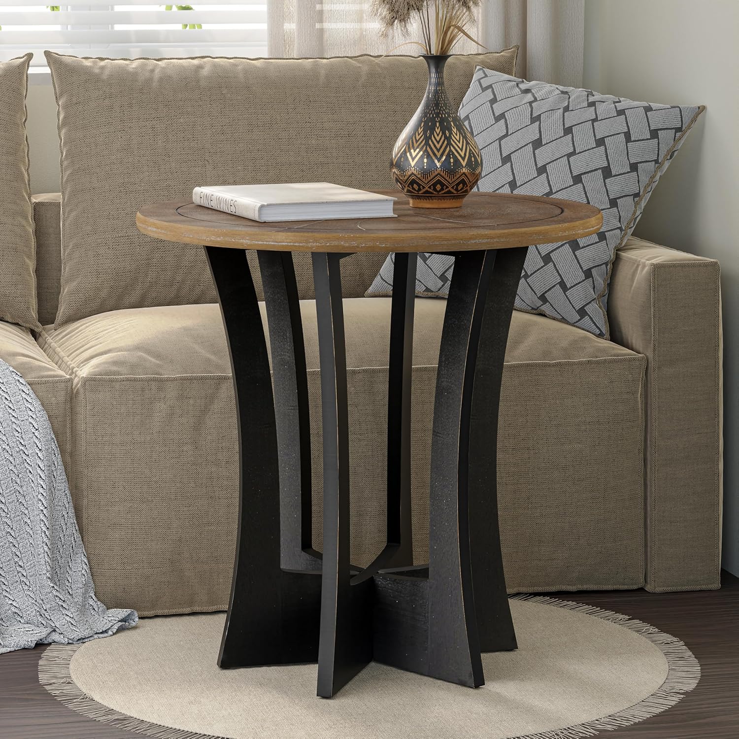 COZAYH Farmhouse Round End Table X 2P with Criss-Cross Wood Legs, Rustic French Country Side Table for Dinning or Living Room, Modern, Black, Natural Wood Color