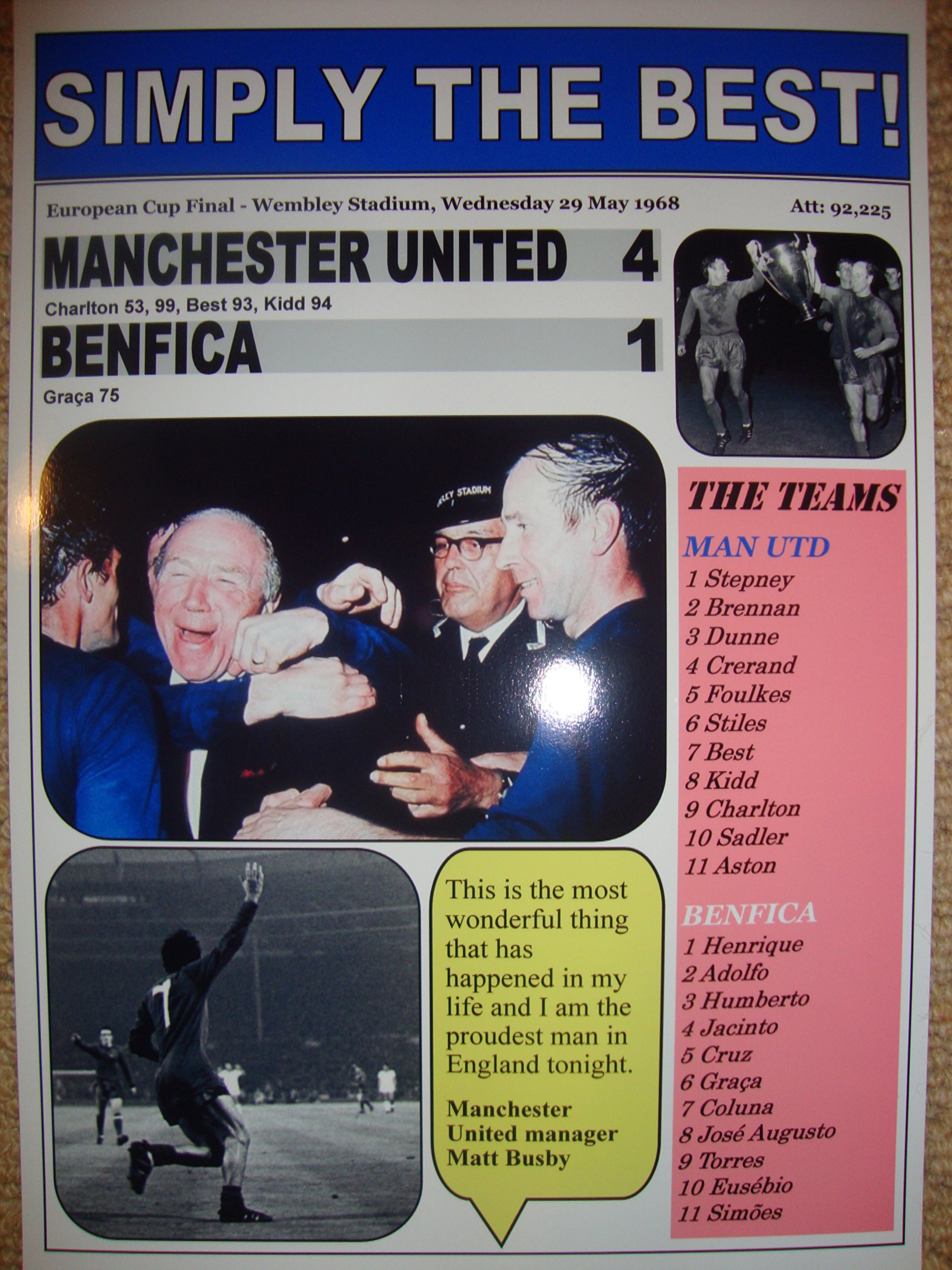 Lilywhite Multimedia Manchester United 4 Benfica 1-1968 European Cup final - souvenir print