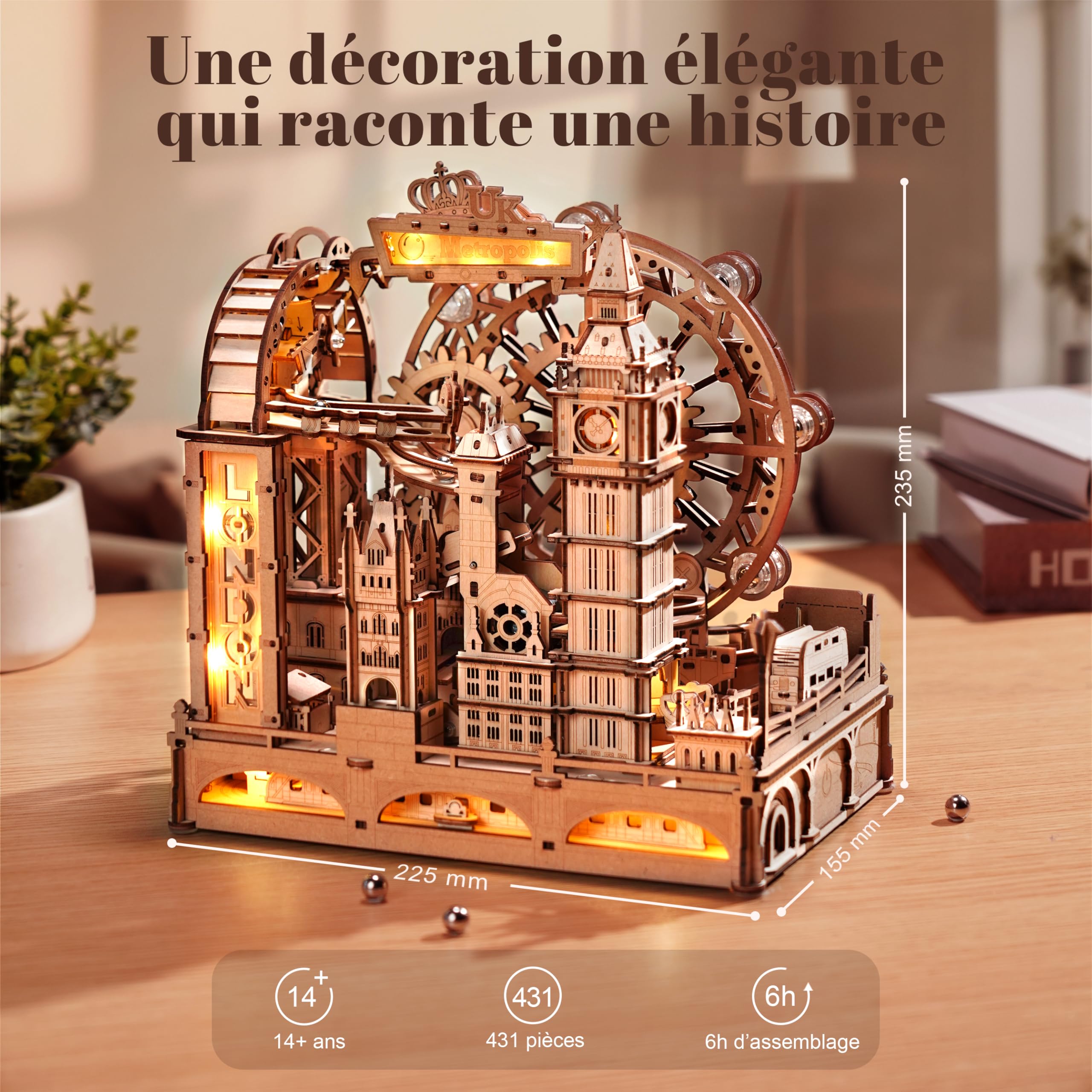 ROBOTIME Puzzle 3D en Bois avec Circuit à Billes – Maquette Ville de Londres à Monter, Modèle Mécanique avec Lumières pour Adultes & Ados, Kit Créatif Décoratif, EGB01
