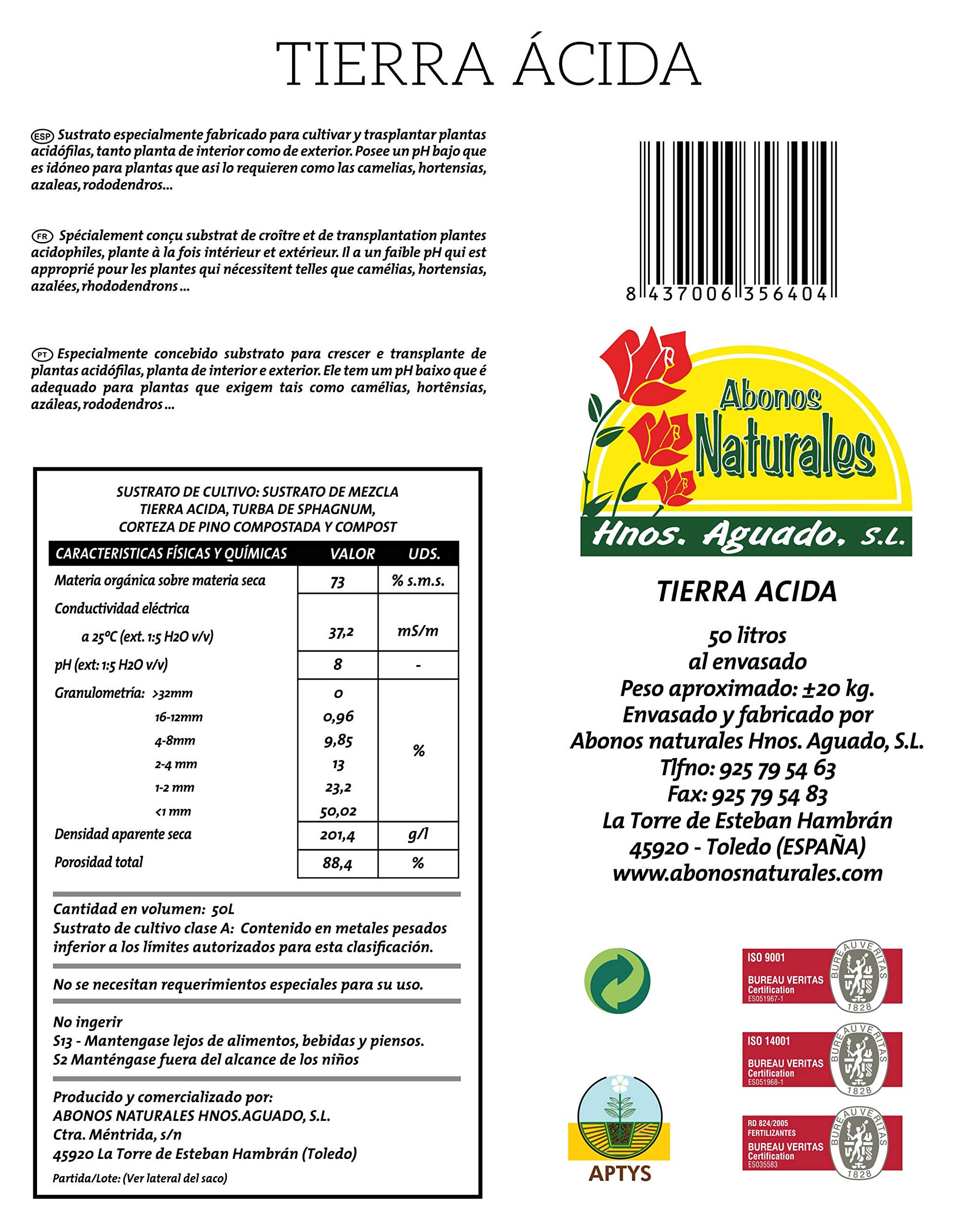 abonos naturali Hnos Aguado. U Terra acida – Terriccio Piante acido ab. nat. hnos. Aguado Terra acida 50 Lt