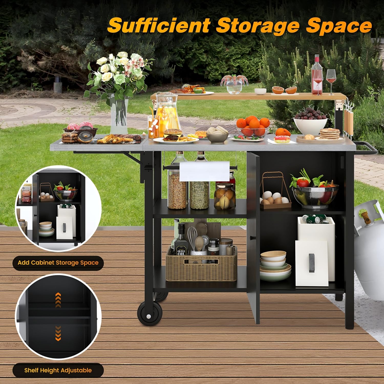 Sundale Outdoor Kitchen Island with Stainless Steel Top & Storage Cabinet, Movable Multi Layer Grill Table with Side Shelf for Pizza Oven, BBQ Food Prep, Outdoor Grill Cart for Parties