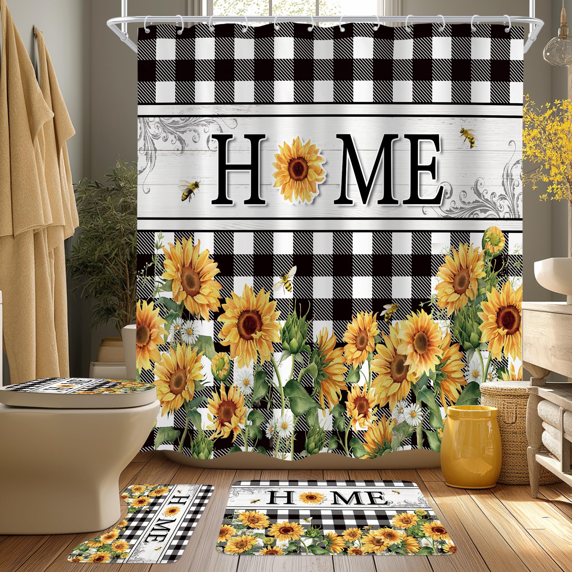 Cinbloo 4Pcs Rustic Sunflower Shower Curtain Set, Farmhouse Flower Buffalo Plaid Yellow Floral Bathroom Curtain with Rug, Toilet Lid Cover, Bath Mat,