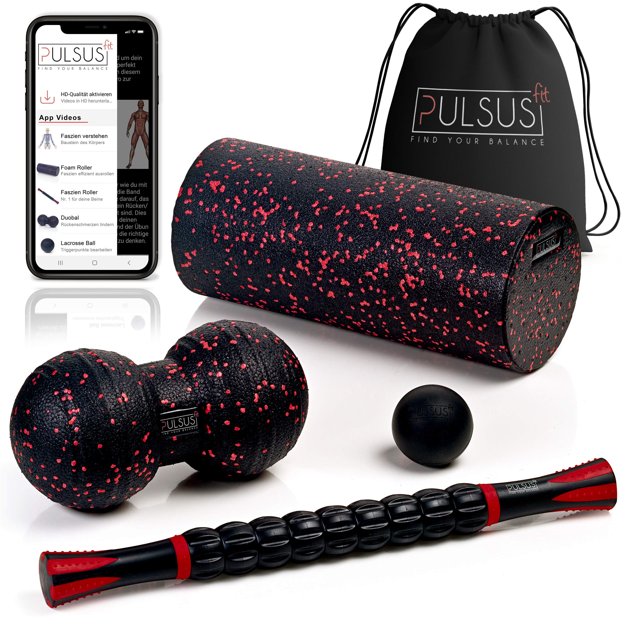 Faszien Set mit Übungsvideo App: Muskelroller, Duoball, Faszienrolle & Lacrosse Ball zum Faszien Training der Muskeln und Schmerztherapie
