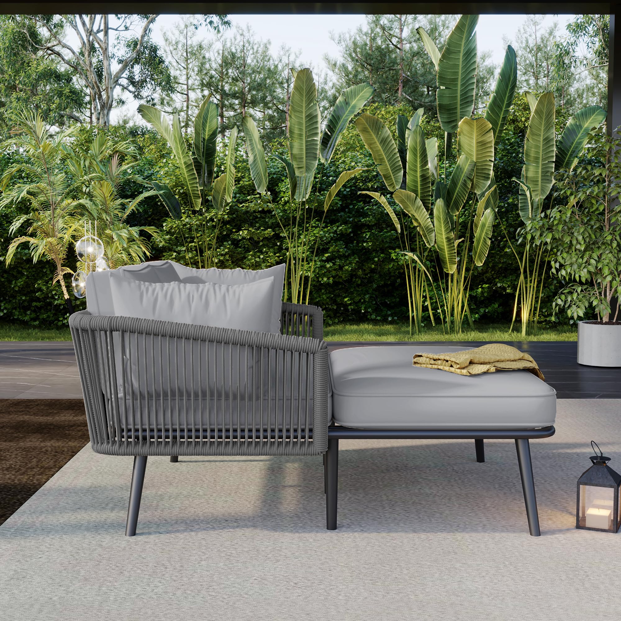Merax Gartensofa 2-Sitzer, Outdoor Sofa, mit 2 Kissen und 2 Polster, Sonnenliege im Außenbereich, Gartenlounge, Balkonmöbel-Set, Loungemöbel, Terrassenmöbel, Grau