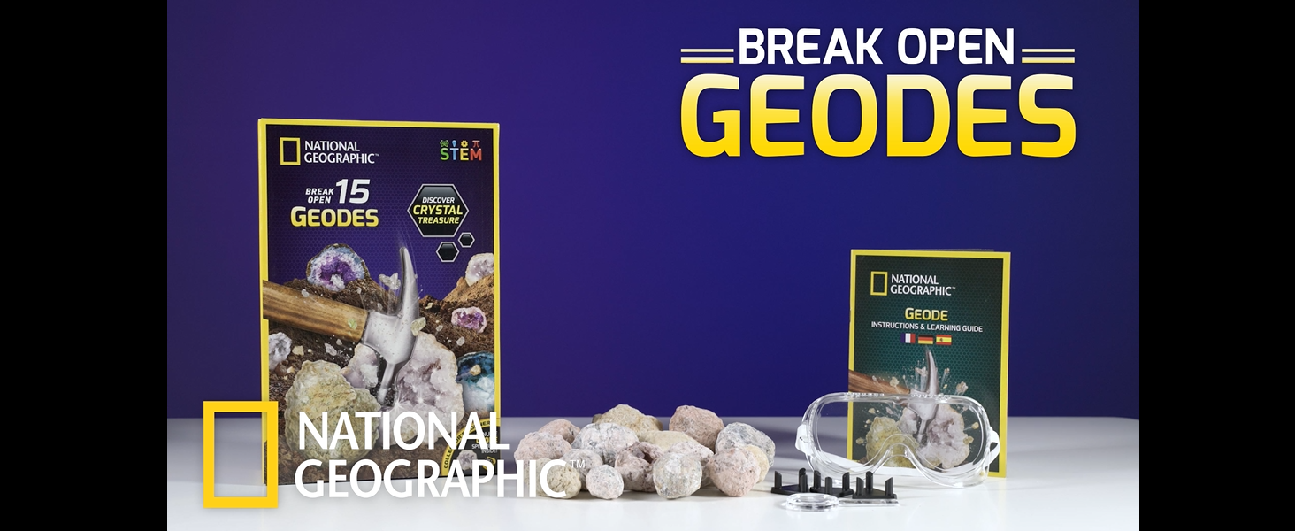 NATIONAL GEOGRAPHIC Open 5 Giant Geodes - Earth Science Kit with 5 Premium Extra-Large Geodes with Crystals, Glasses, Learning Guide and Display, STEM