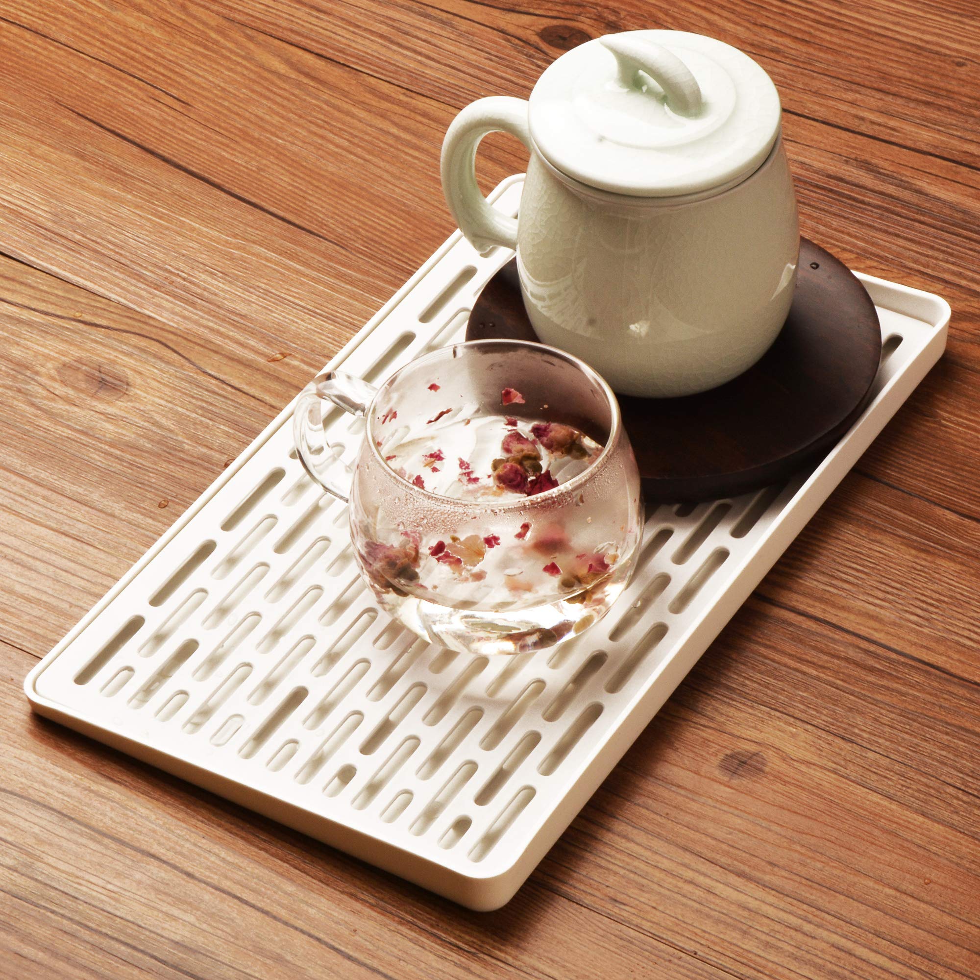 SOSMAR Afdruiprek met lekbak - 30 x 17,5 cm kleine afdruiprek mat - waterdruppelbakhouder voor fruitbeker, mok, gebruiksvoorwerp, badkameraccessoires, koffie-theebladen