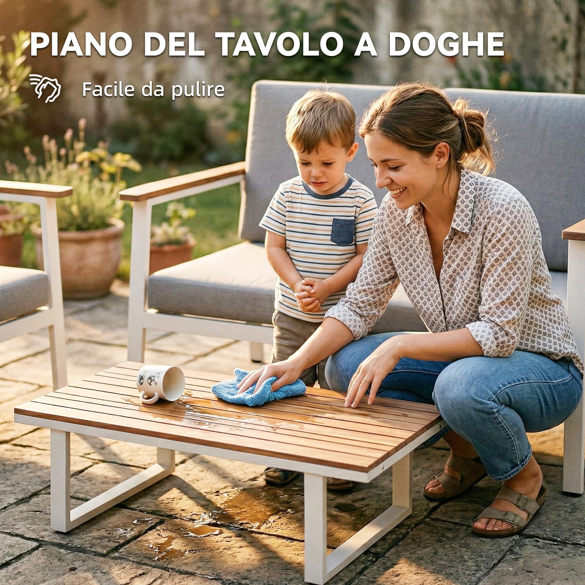 Outsunny Set Salotto da Giardino 4 Pezzi, Set di Mobili da Giardino in Legno di Acacia e Metallo con Divano 2 Posti, 2 Poltrone, Tavolino, Cuscini, Schienale Intrecciato, Salottino da Esterno, Grigio