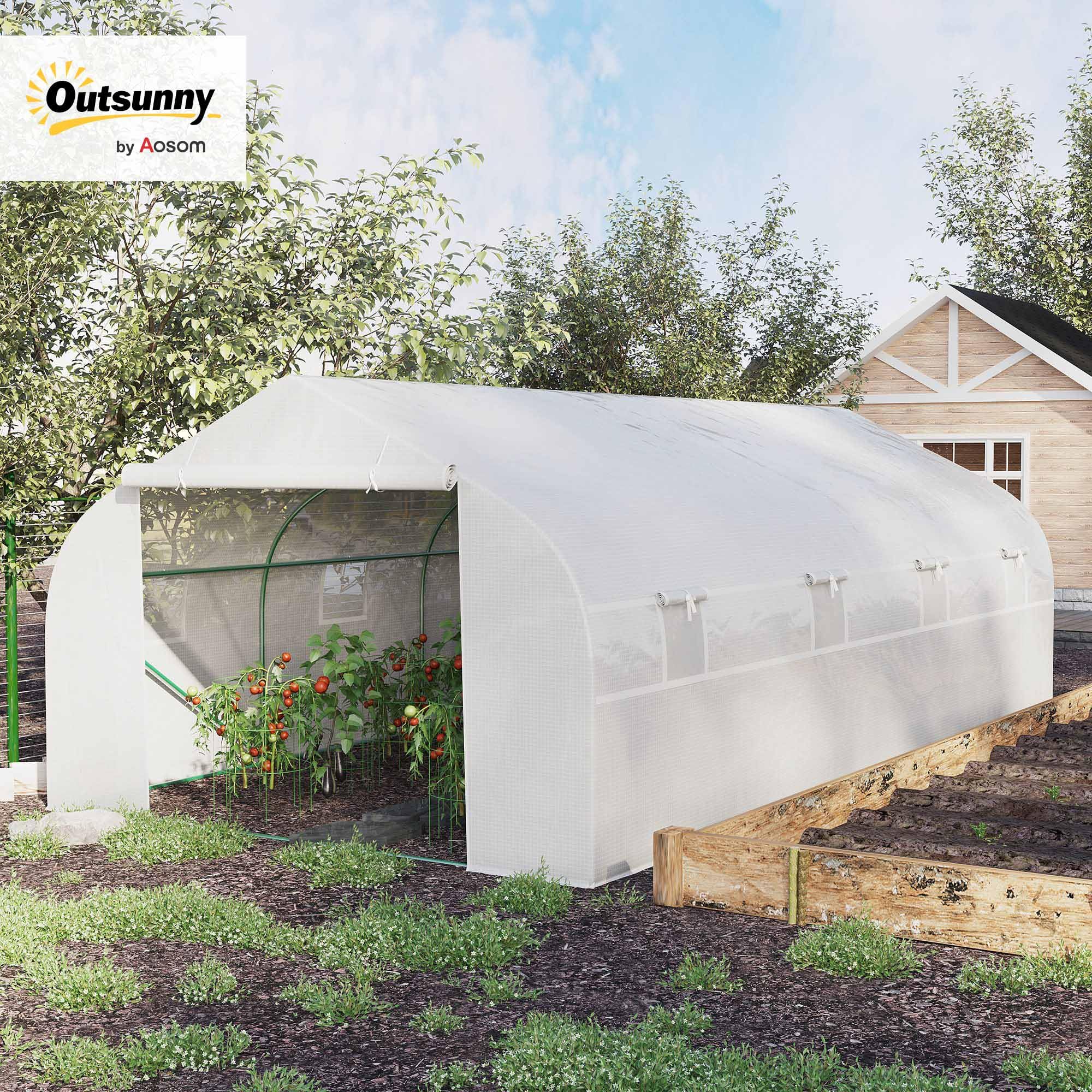 Outsunny Serre Tunnel de Jardin 18 m² dim. 5,95L x 3l x 2H m Porte + 8 fenêtres enroulables Acier galvanisé bâche PE Haute densité Blanc