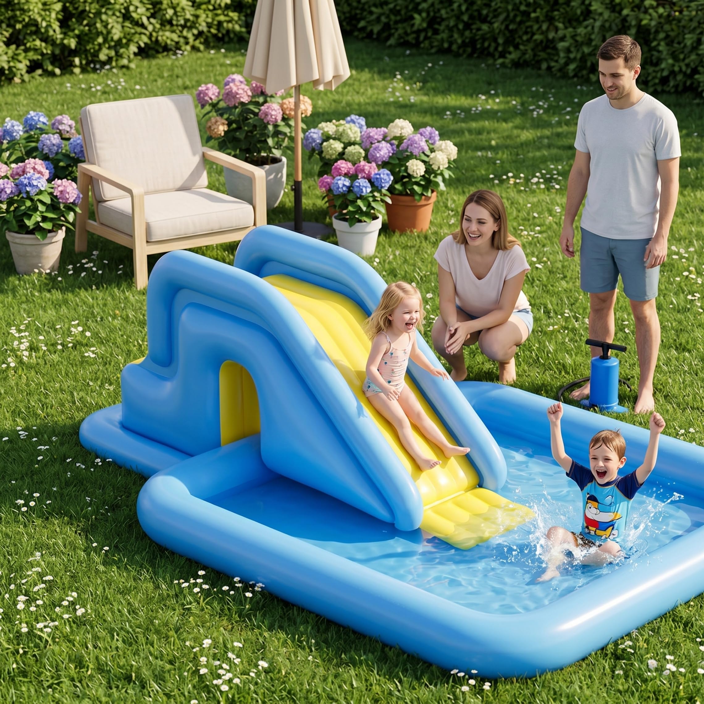 Tobogán de natación Inflable: Base Ancha Estable, con Bomba de pie, para Juegos en Interiores y Exteriores