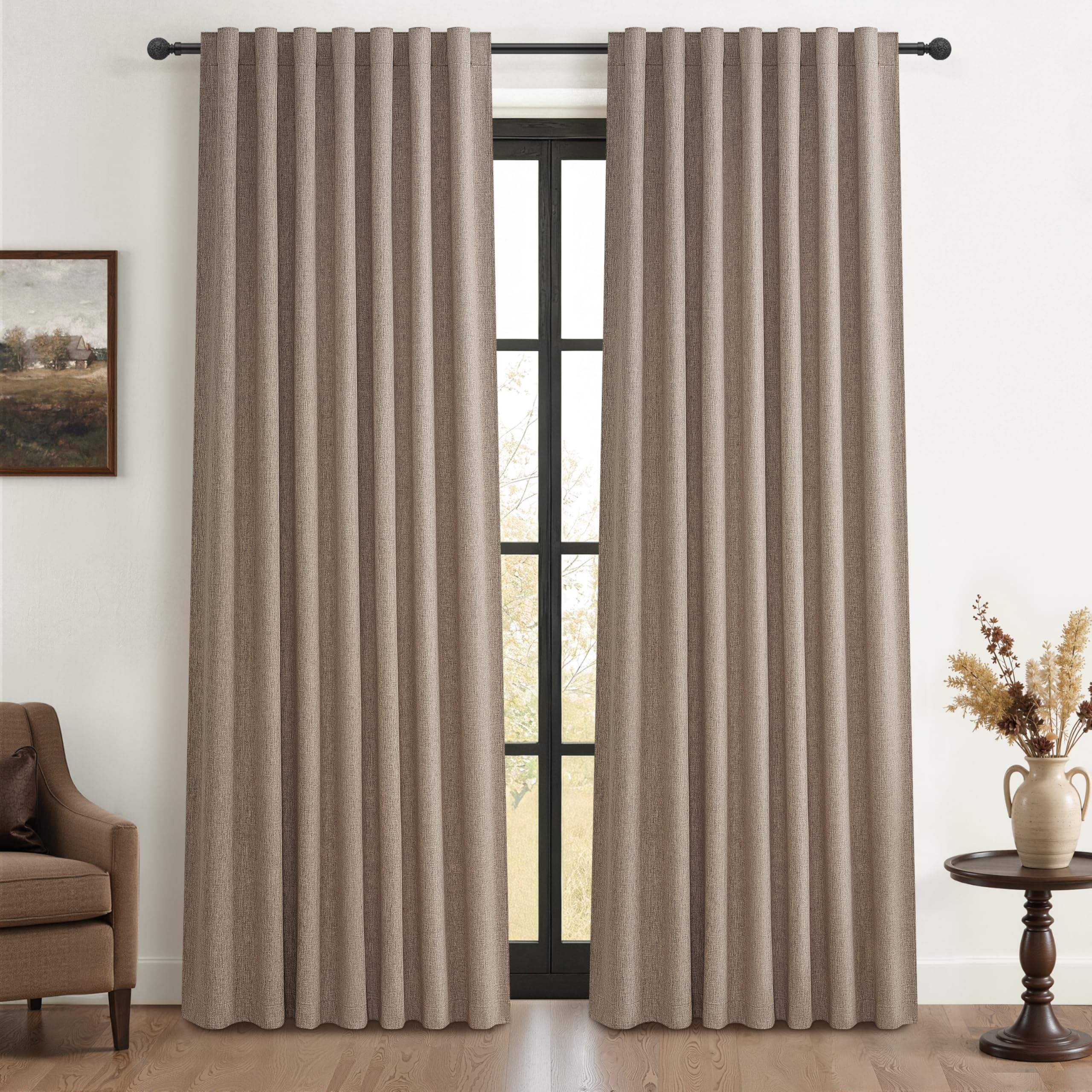 QJmydeco Dark Flax Black Out 90 Inch Long Boho Curtains 2 Panel Set, Farmhouse Curtain for Living Room Darkening/Thermal/Noise Reduction Textured Linen Drape Hook&Ring Included Chocolate 50" Wx90 L