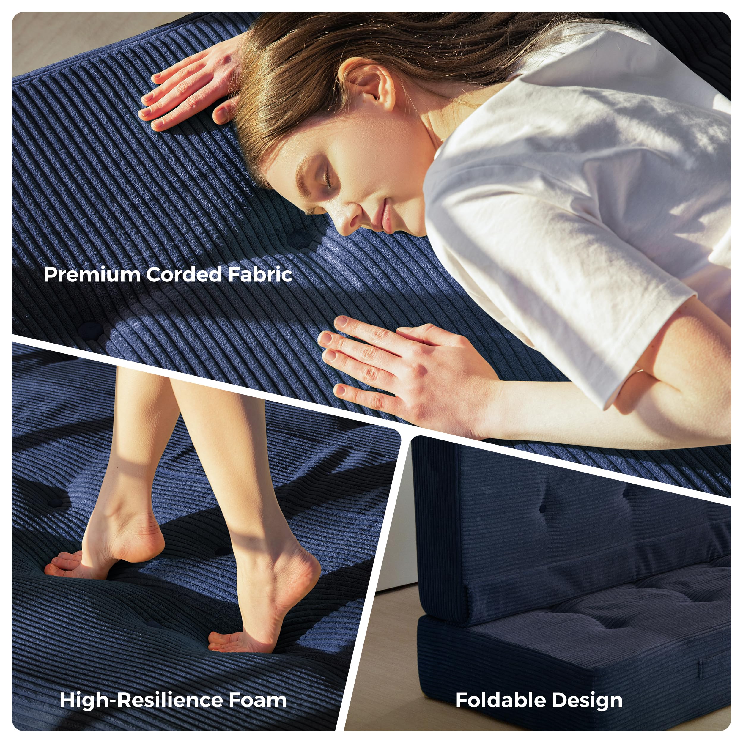 MAXYOYO Foldable Mattress, 8-Inch Tufted Futon Mattress with Handles | Tufted Floor Sofa Bed and Versatile Mattress, Carry Handles for Living Rooms or Guest Rooms, Frame Not Included, Navy