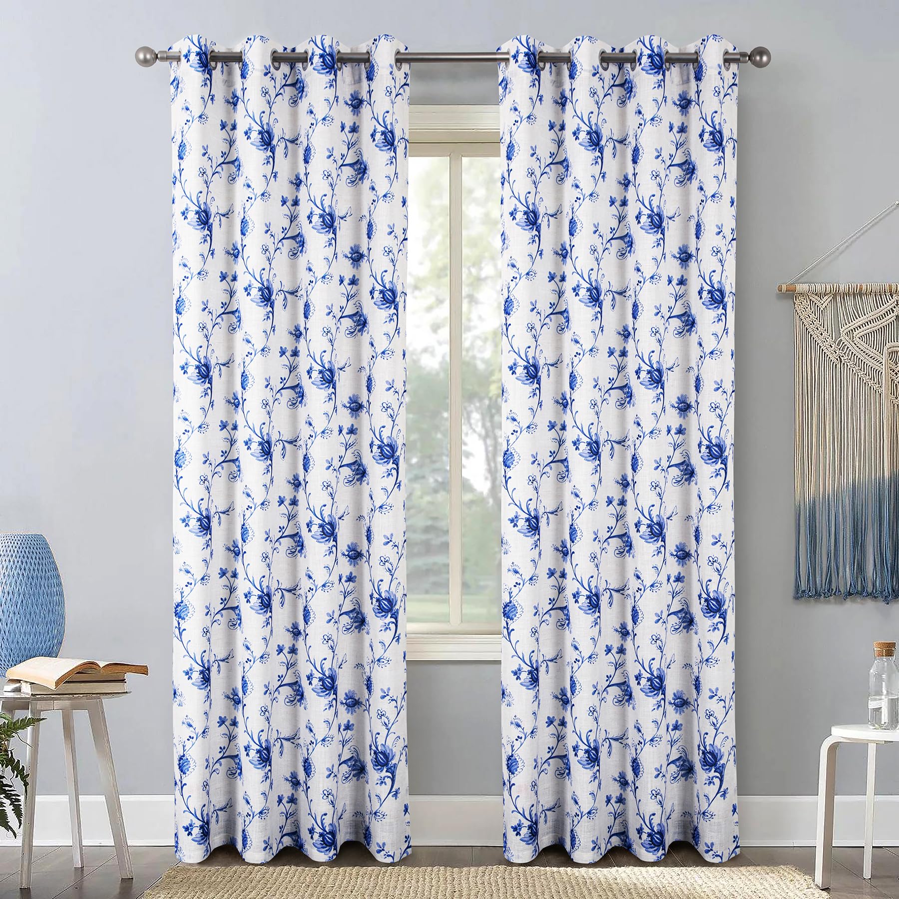 always4u Linen Look Curtains Semi-sheer Eyelet Printed Curtains Navy Blue Floral Window Treatments for Living Room Bedroom Decoration Modern Textured 1 Pair W46 x L54 Inches - Image 2