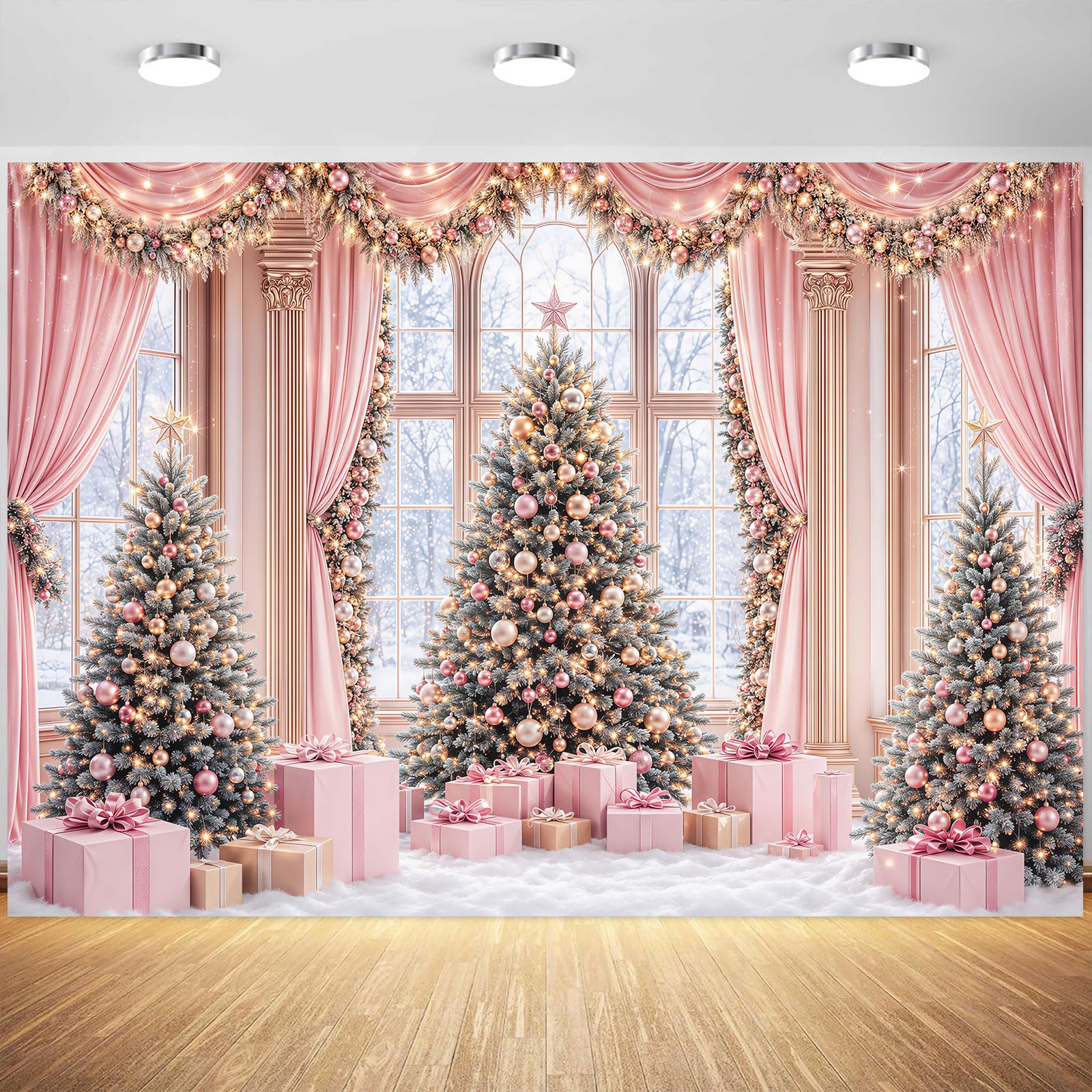 Telón de fondo rosa de Navidad de 8 x 6 pies para fotografía, ventana de Navidad, paisaje nevado, invierno, fotografía, telón de fondo, cortina de chimenea, bosque nevado fuera de la ventana