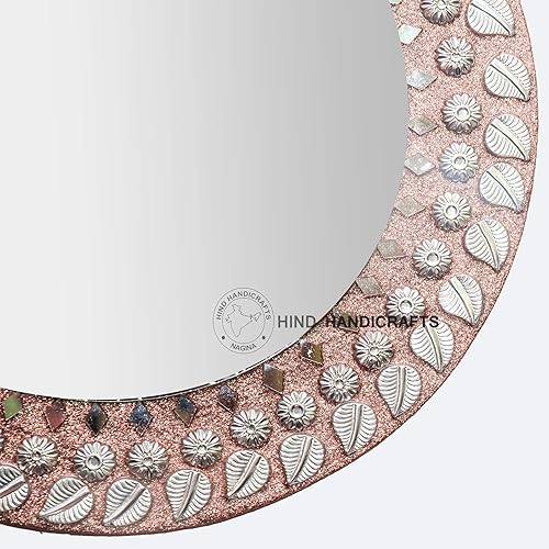 Miniatura 2 de Hind Handicrafts Espejo de pared redondo de madera marrón de 12 pulgadas, espejo redondo mediano, espejo de acento rústico para baño, entrada,