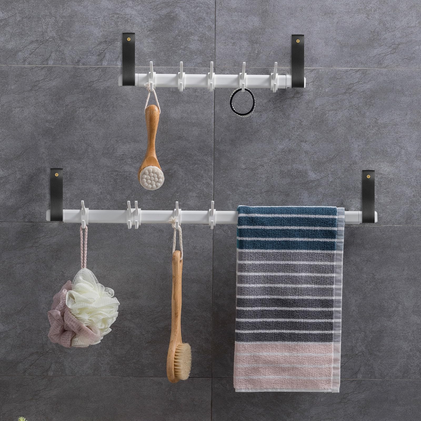 BETOOKY Sangles de Tringle à Rideaux en Cuir Noir 4 Pcs, Support Mural Multi-Fonctionnel et Pratique pour Salle de Bain Cuisine, Style Bohème Élégant