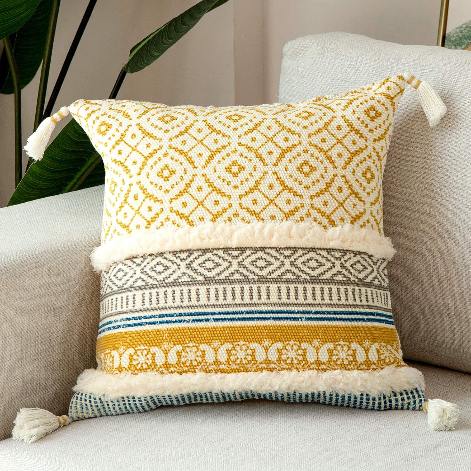 blue page Boho Tufted Decorative Throw Pillow Covers for Couch Sofa - Modern Moroccan Pillow Case with Tassels, Accent Decor Large Pillowcase for Bedroom Living Room Car Hotel, 20x20 Inch, Yellow : Home & Kitchen