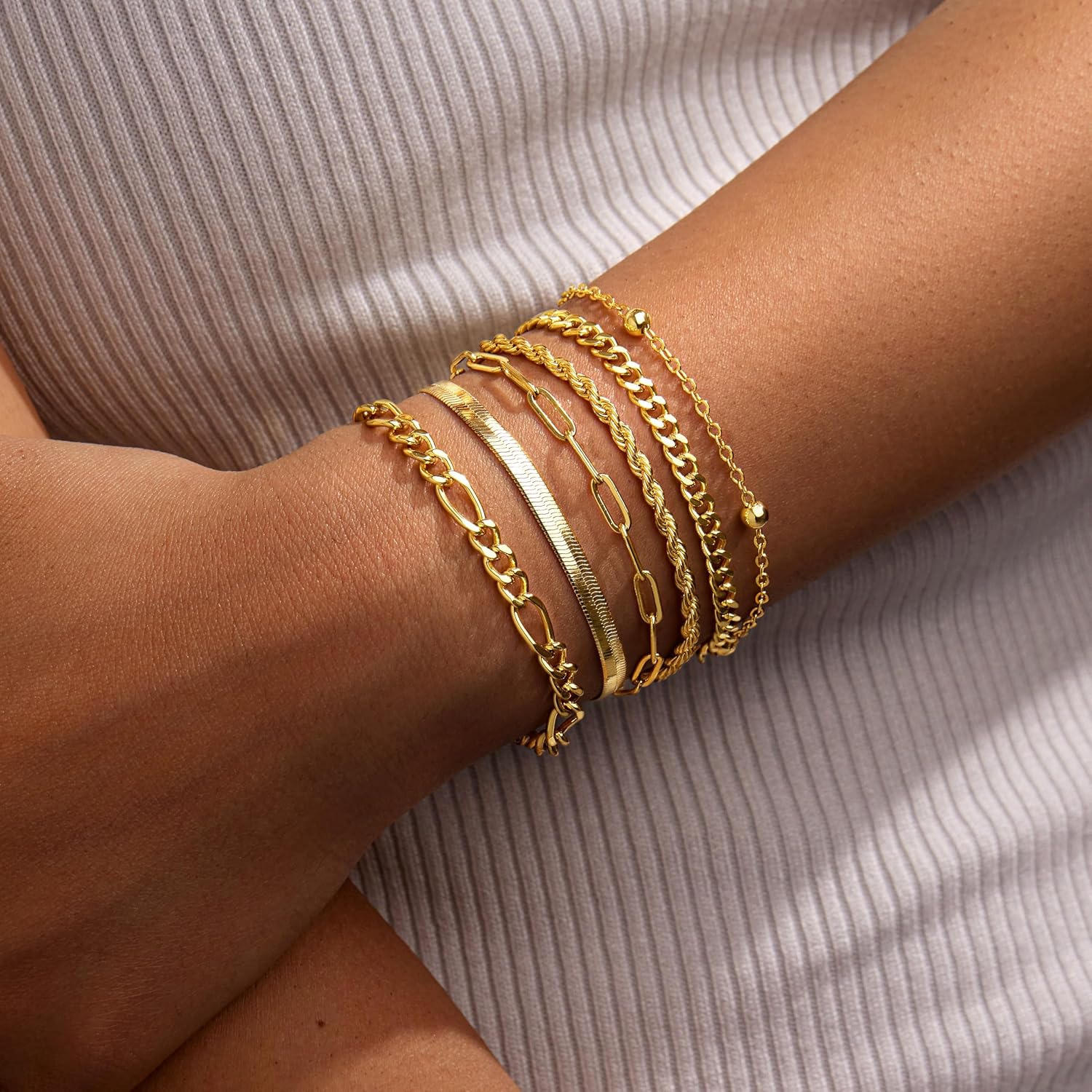 Gold Chunky Stack Bracelets for Women Non Tarnish, 14K Gold Plated Bracelets Set for Women Stackable, Waterproof Layered Trendy Dainty Cuff Cuban Link Chain Paperclip Bracelet Pack for Jewelry Gifts - Image 2