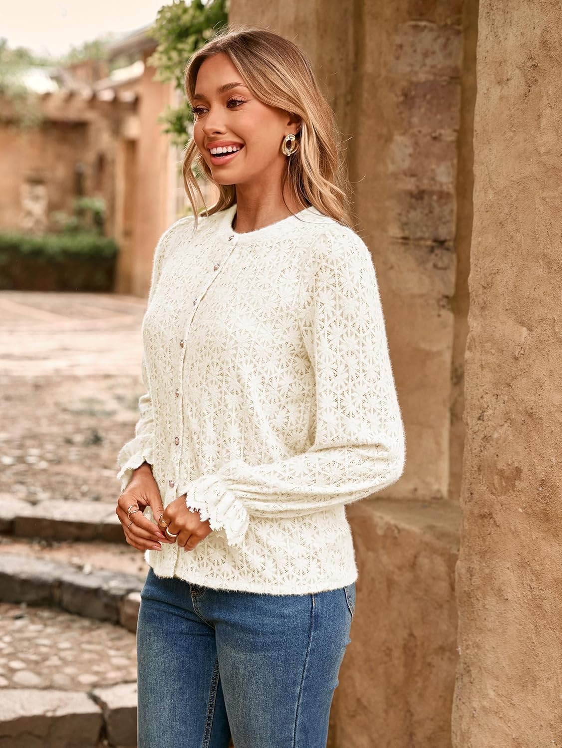 Simplee Womens Lace Long Sleeve Fall Tops Blouses Dressy Spring Casual Hollow Out Button Down Tee Shirts - Image 4