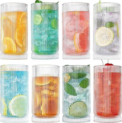 Vasos para beber, estilo origami, 8 vasos de vidrio, vasos altos de 15 onzas, cristalería vintage ondulada, vasos acanalados, vasos a rayas, vasos