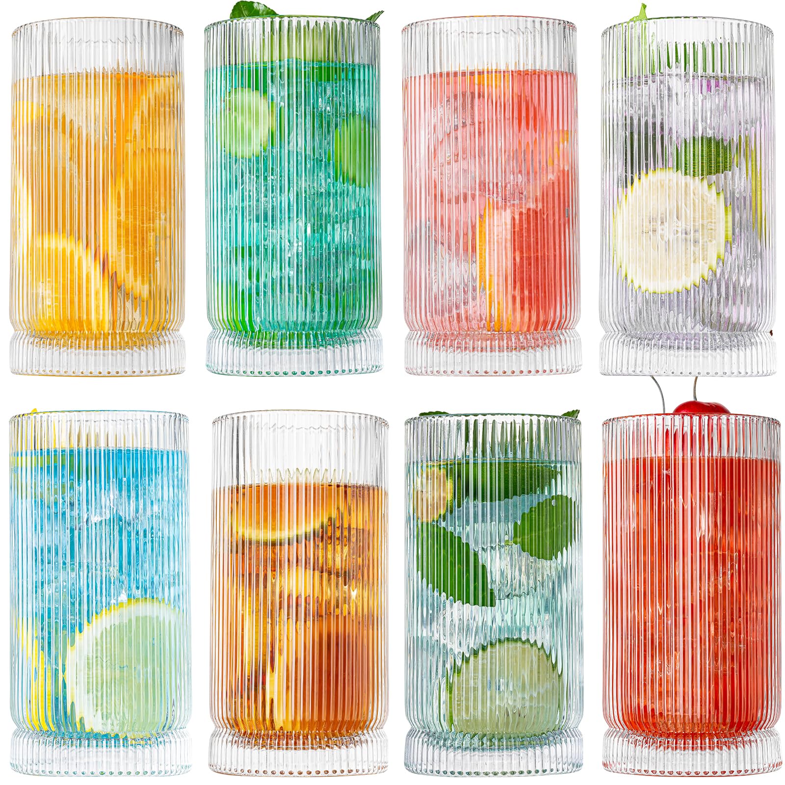 Drinking Glasses Origami Style 8 pcs Glass Cups 15oz Highball Glasses Elegant Ripple Vintage Glassware Ribbed Glasses Striped