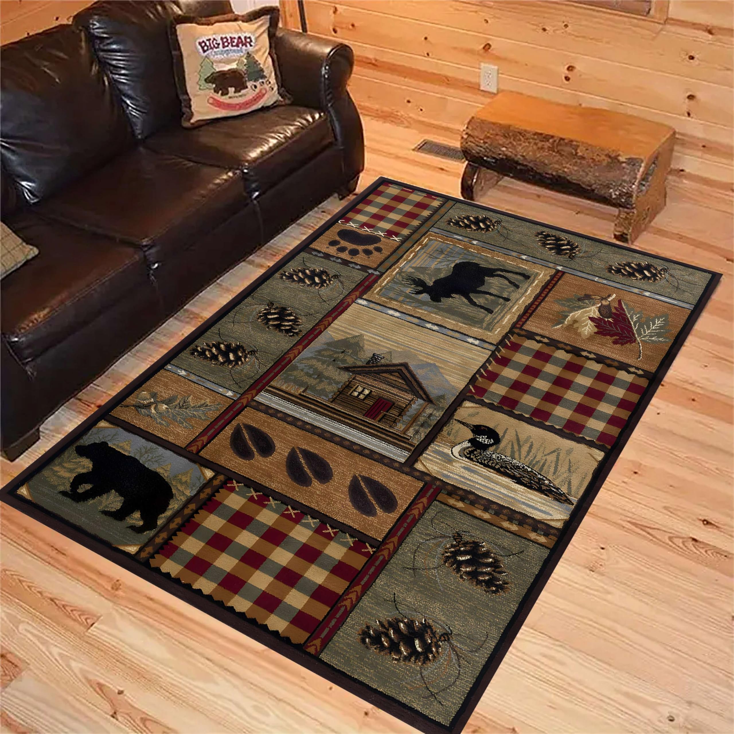 USHIRUG Rustic Cabin Black Bear Elk Pine Cone Bear Paw Washable Rug, 3x4ft Forest Wildlife Deer Duck Retro Country Indoor Non-Slip Rug for Living Room