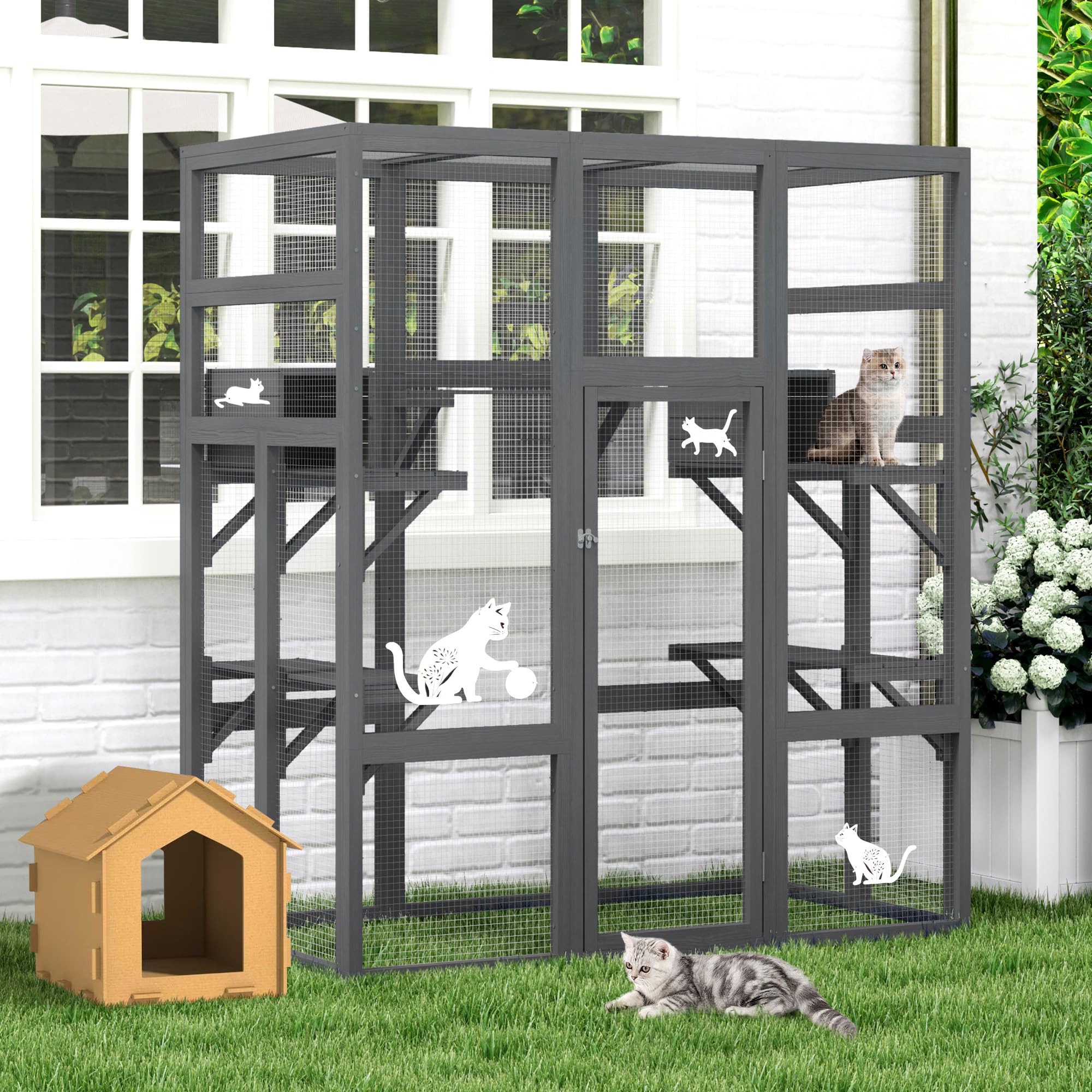 COZIWOW Large 70inches Outdoor Catio, Indoor Cat Cage House with Waterproof Roof, 5 Perches & 2 Condos, Spacious Wooden Cat Enclosure for 2-3 Cats,