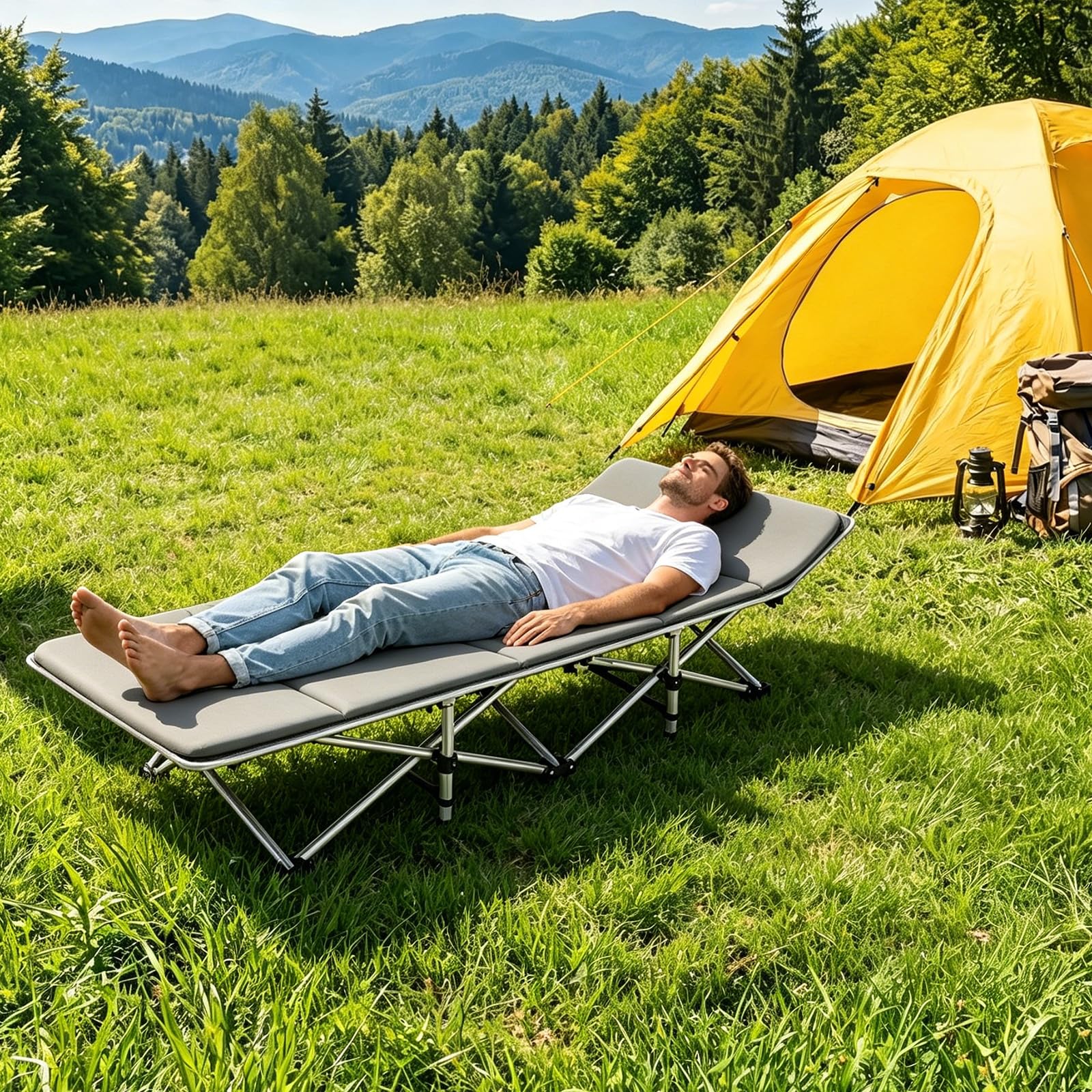 Tragbares, faltbares Campingbett mit Matratze, strapazierfähig, übergroßes Nickerchenbett für Camping, Büro, Wandern, Angeln, Schlafliege, Reisen, Zuhause, 299,8 kg Tragkraft