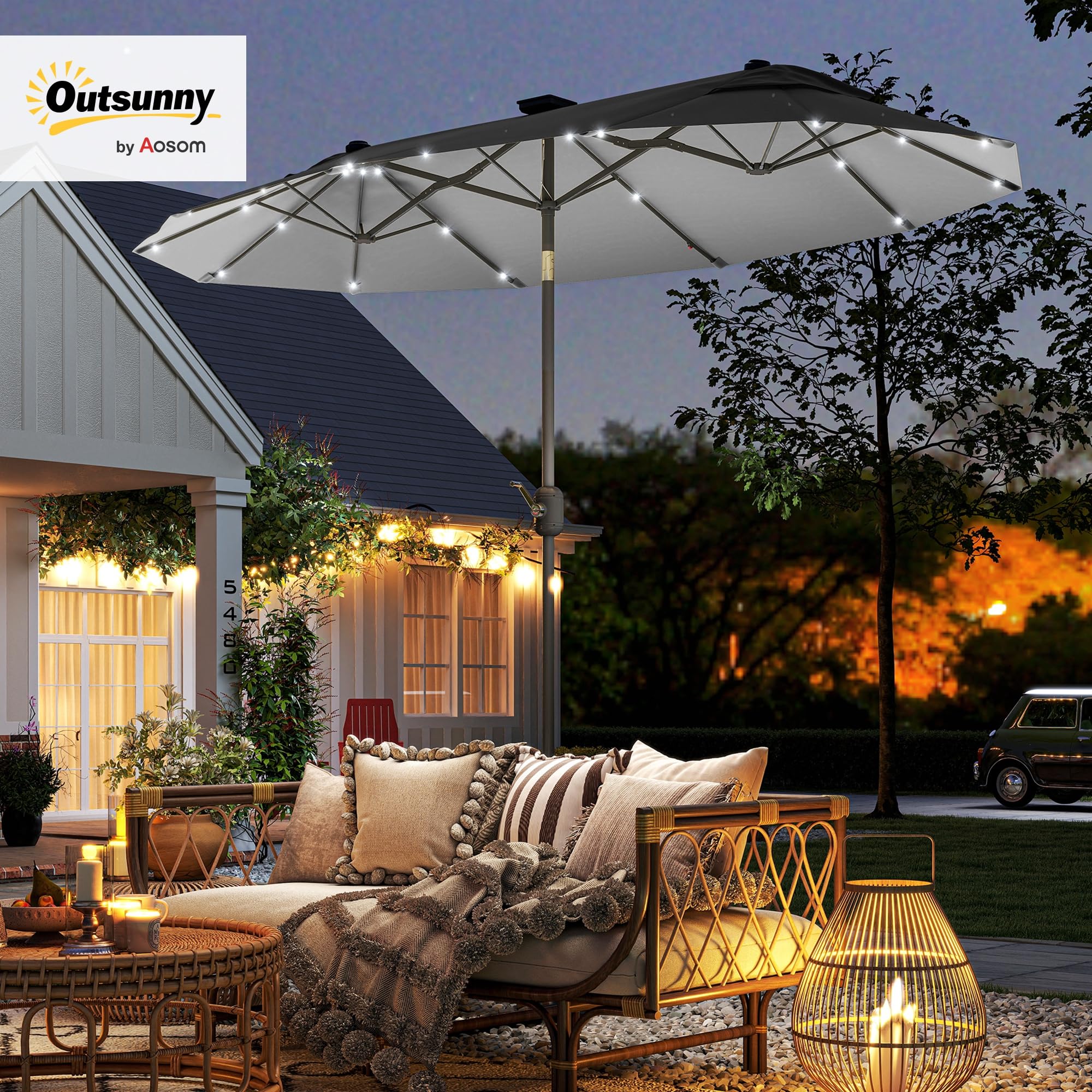 Outsunny Sombrilla Doble con Luces LED Solares Techo 295x150x219 cm Gris | Sombrilla de Jardín, Inclinación Ajustable, Manivela Manual, para Patio Piscina Playa