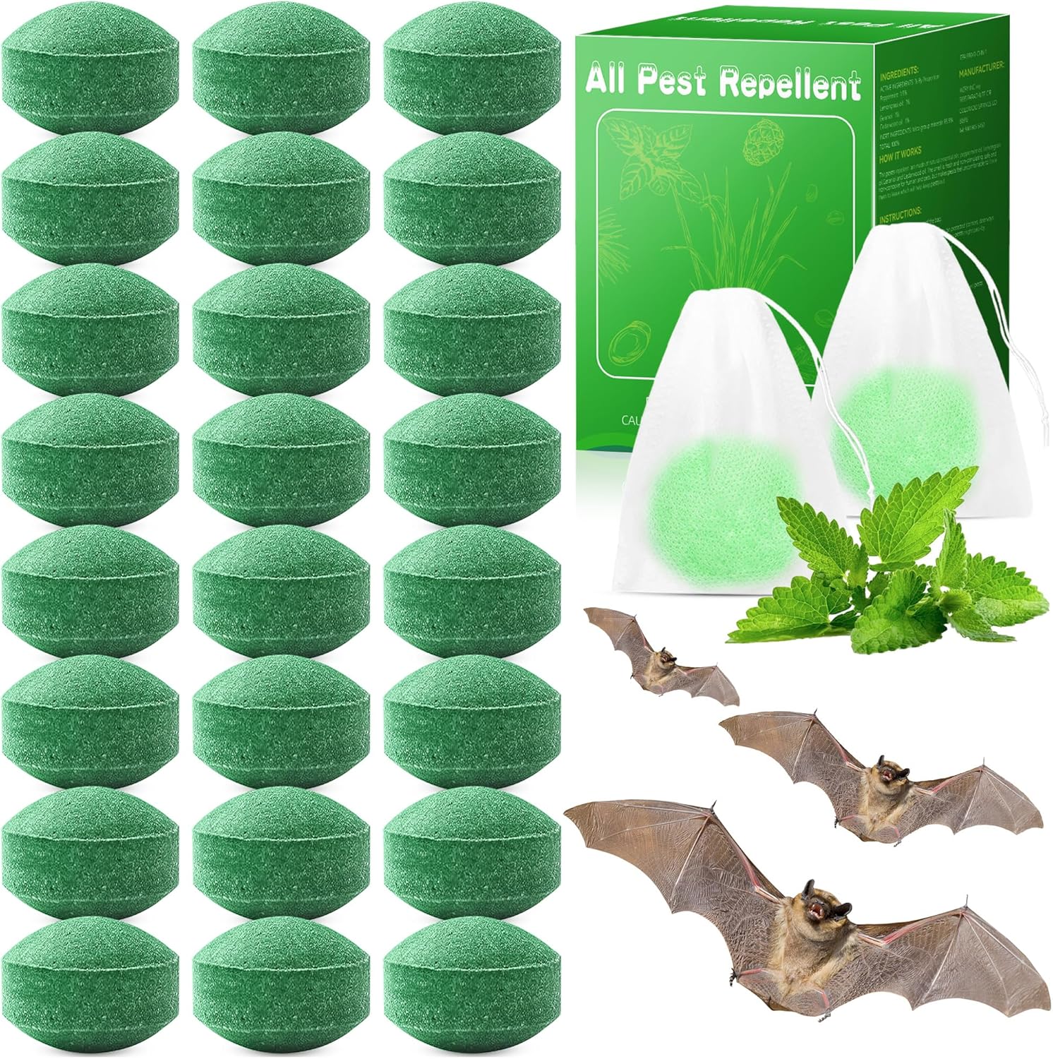 24 Pack Bat and Bird Repellent - Natural Peppermint Oil Eagle Repellent for Attic Indoor Outdoor Patio Garden Porch, Pet and Family Safe, Ready to Use, Dark Green