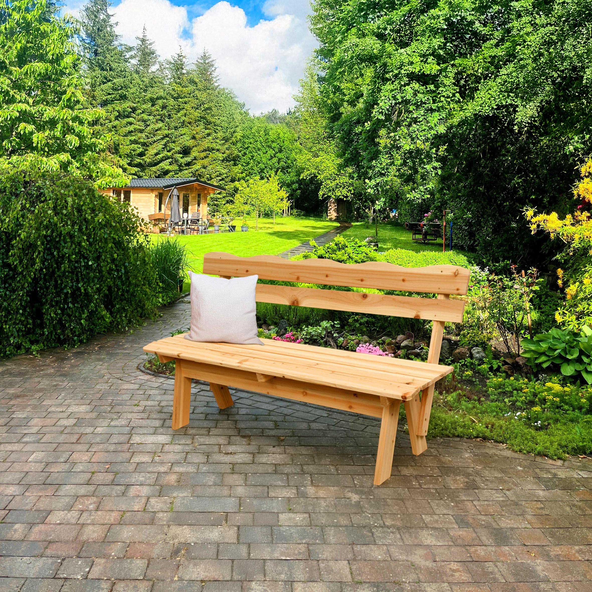 Spetebo Ławka ogrodowa z litego drewna 3-osobowa z oparciem – 150 x 62 cm – drewniana ławka do siedzenia odporna na warunki atmosferyczne, obciążenie 200 kg – ławeczka drewniana w stylu dworkowym