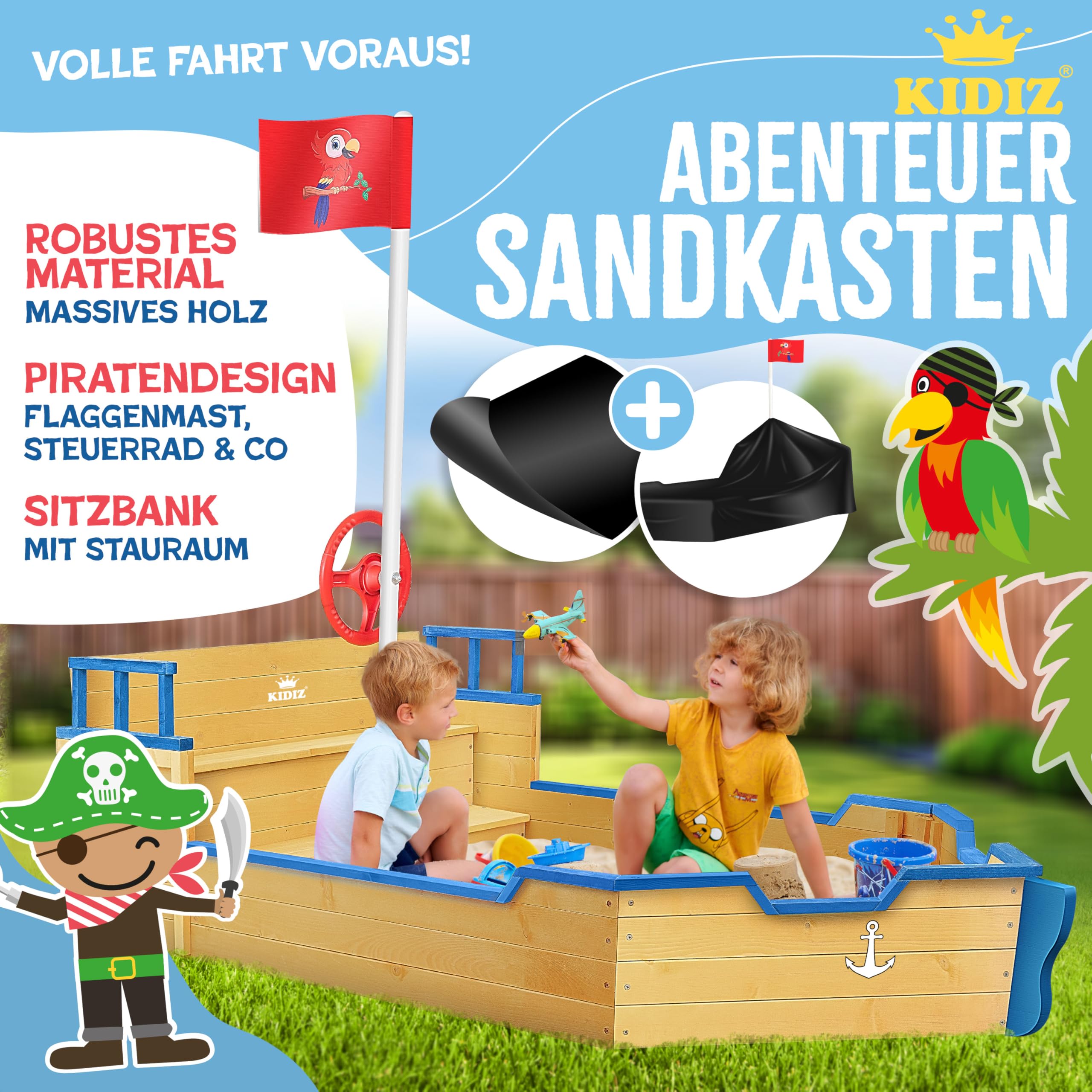 KIDIZ® Sabbiera per bambini Ahoy - nave pirata - barca giocattolo - barca a vela in legno - incl. copertura protettiva, blu