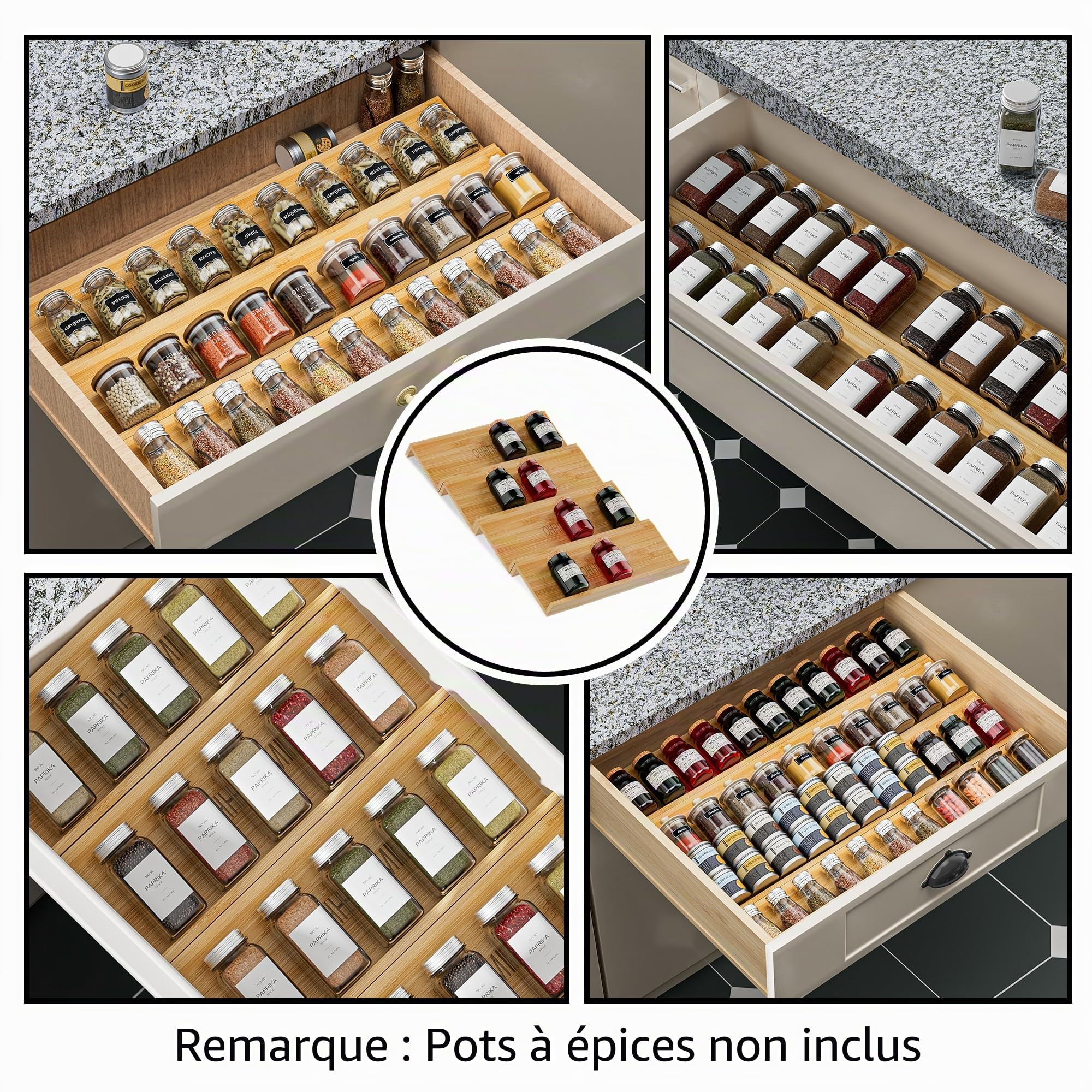 Lot de 4 organiseurs de tiroir à épices en bambou – 33 x 11,9 x 4,1 cm – Insert de tiroir pour pots à épices – Organiseur d'assaisonnement pour tiroirs/comptoir (bocaux non inclus)