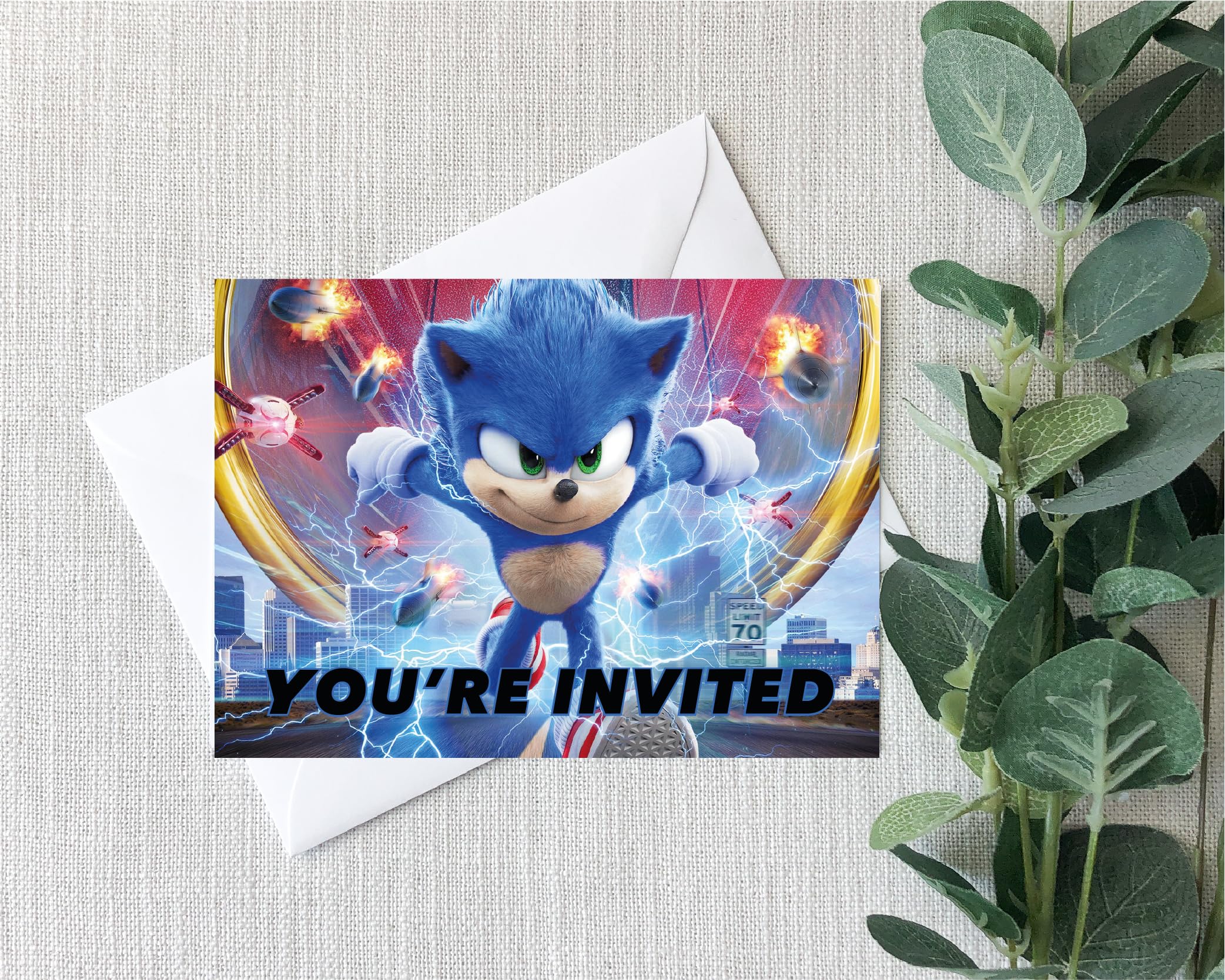 Smith Bros Printers 1898 Sonic A6 Two Sided Invitations (WRITE ON) Birthday Party Invites (Pack of 32 & Envelopes and 32 'Thanks For Coming To My Party' 30mm Stickers)