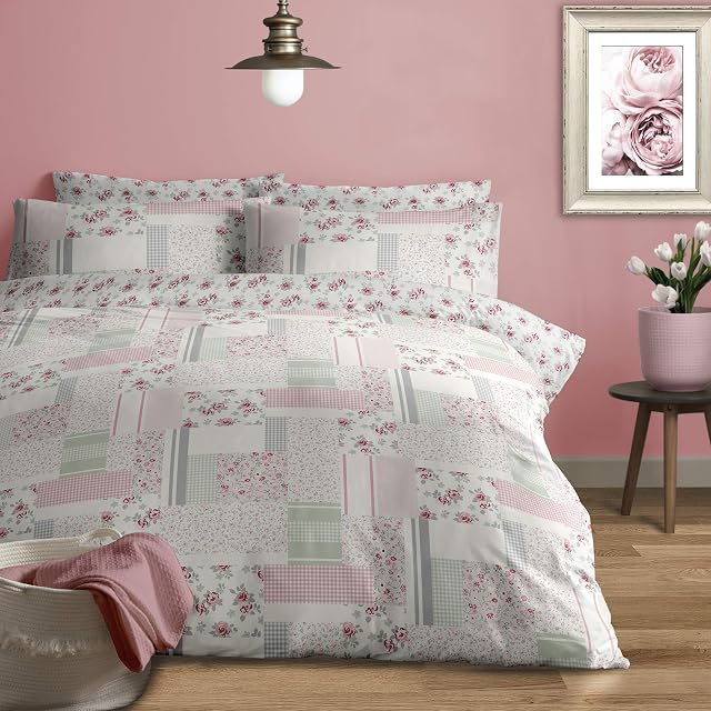 Jansons Direct Linens 100% Brushed Cotton Patchwork Garden Design Duvet Cover Set Double Bed Size in Grey & Pink Reversible