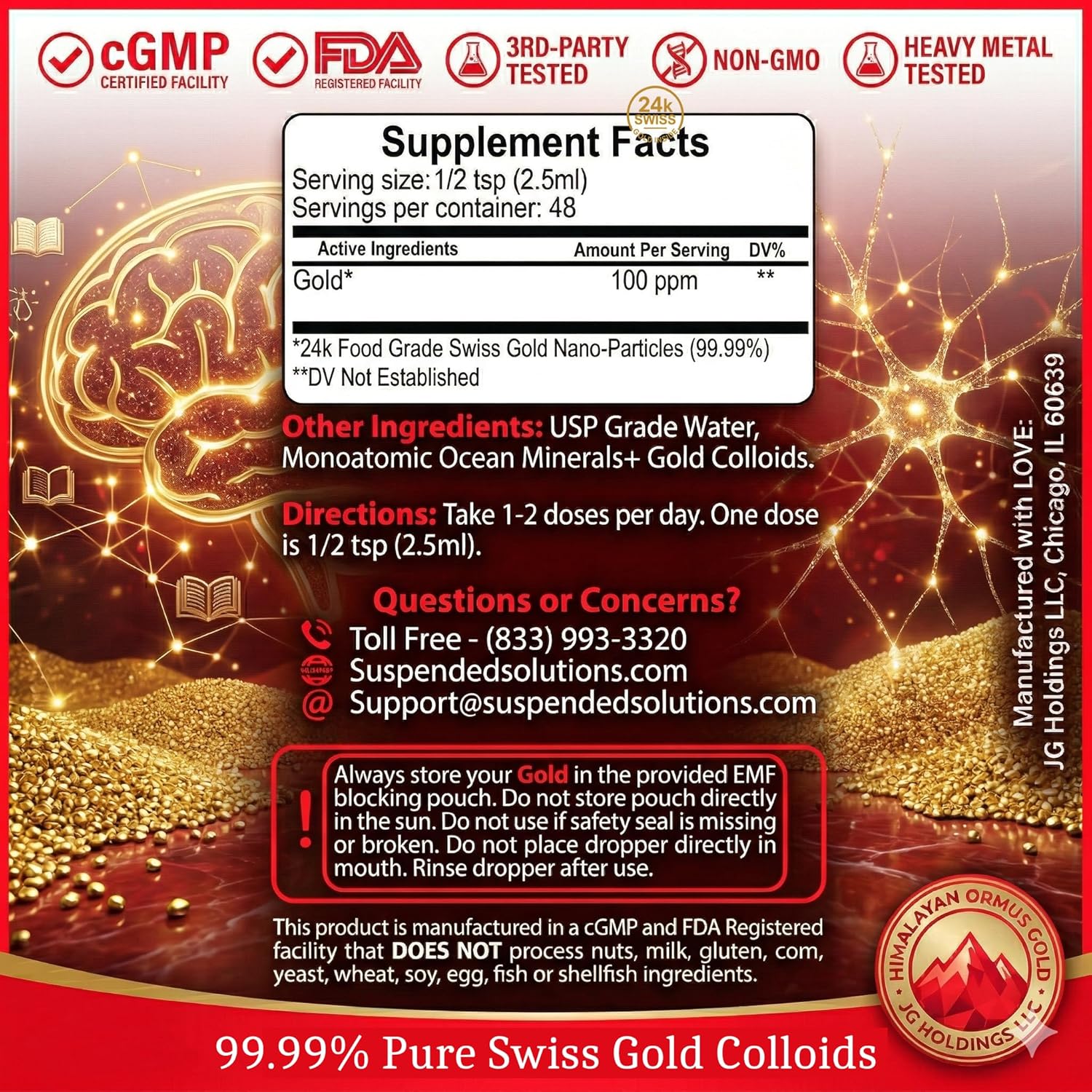 Activated Gold - 4oz, 24k Pure Colloidal Gold Supplement, Nano Gold Particles, Cognitive Support, Focus & Clarity