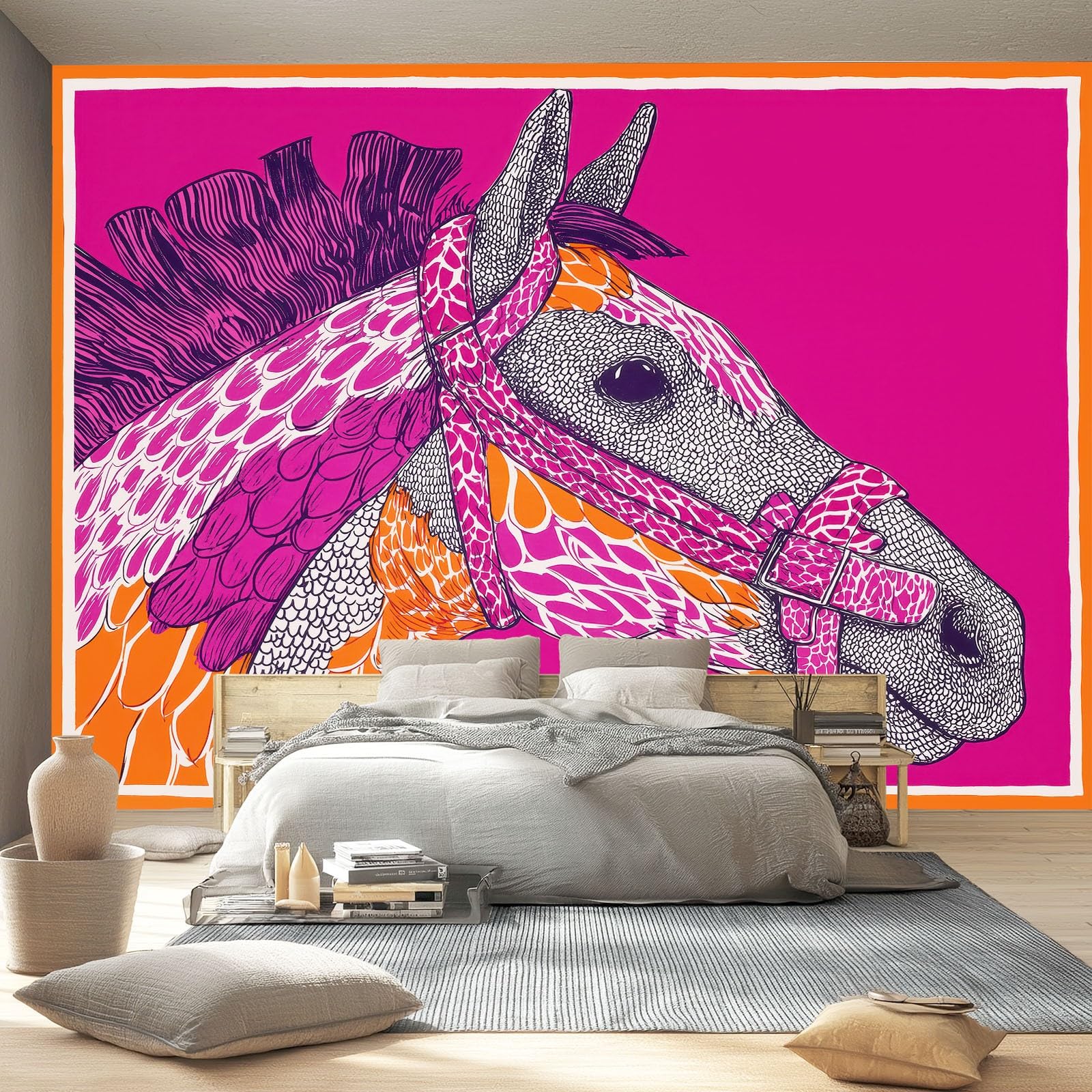 Tapeta 300 x 210 cm, abstrakcyjny wzór konia pop art, dekoracja z włókniny do pokoju dziecięcego i ściany TV, różowa