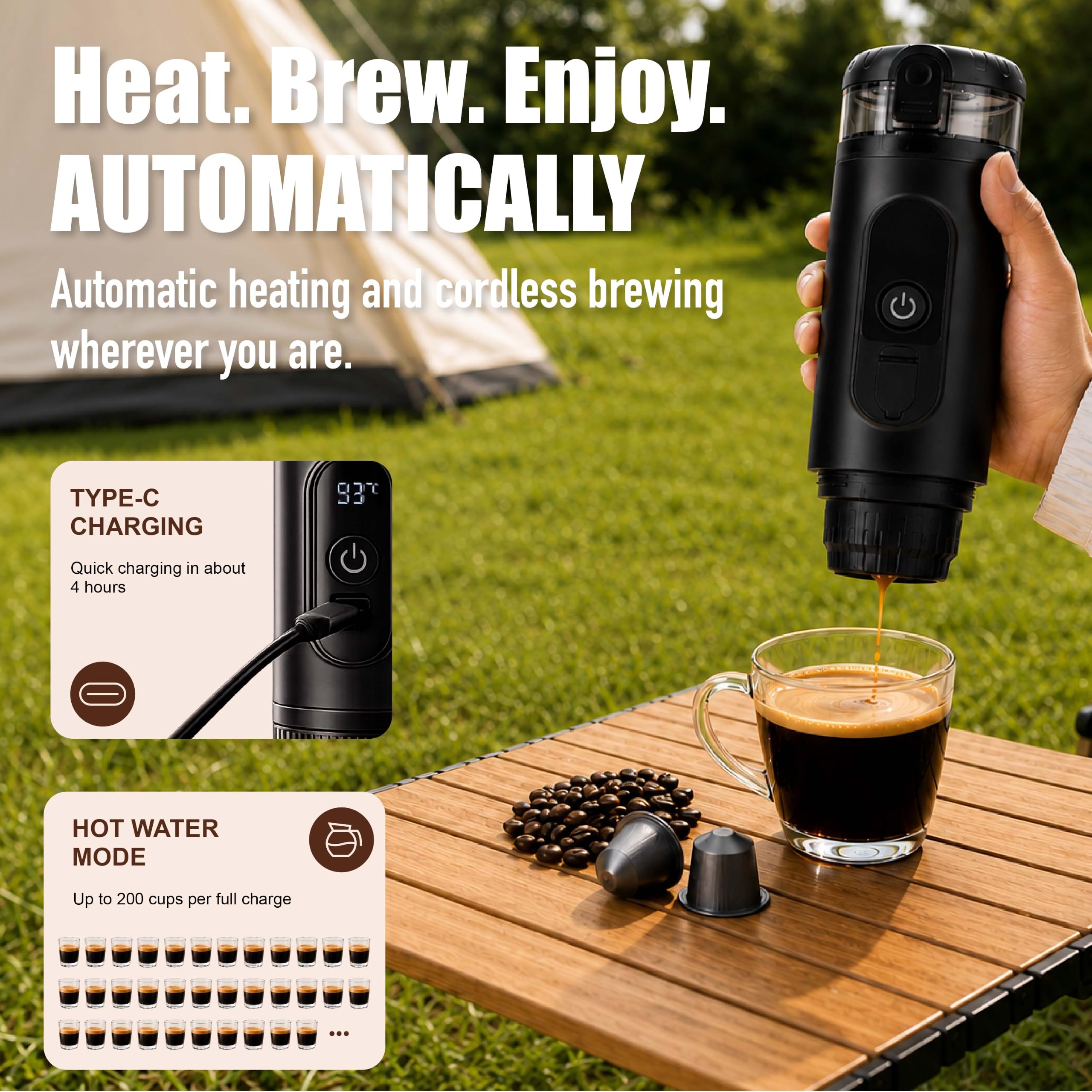 Tragbare Espressomaschine mit Akku, 2-in-1 Kaffeemaschine für unterwegs, Mini Auto Kaffeemaschine mit USB-C, kompatibel mit NS Kapseln & gemahlenem Kaffee