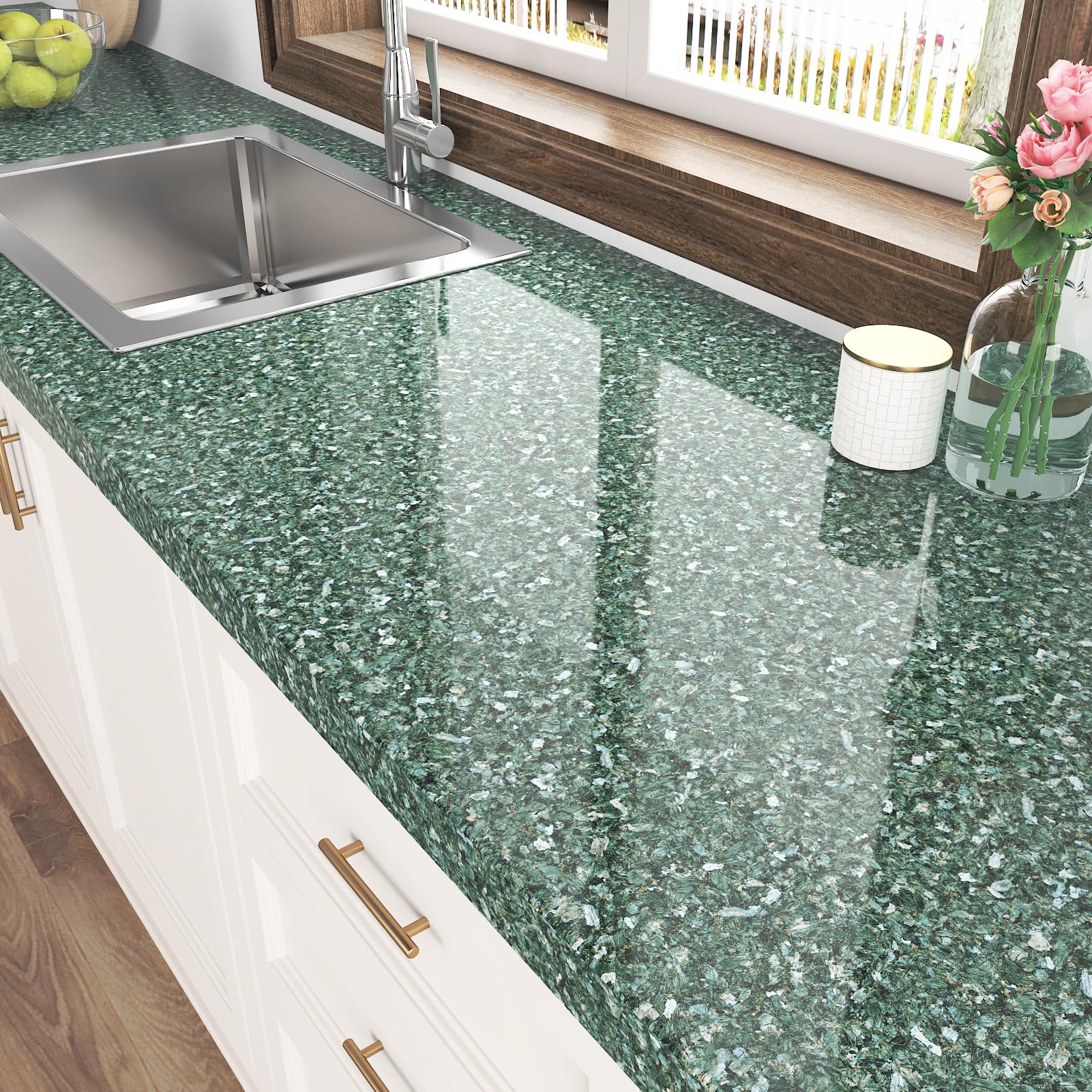 HotDecor Glossy Dark Green Marble Wallpaper 60 x 300cm Vinyl Wrap for Kitchen Worktop Granite Sticky Back Plastic Furniture Contact Paper Self Adhesive Washable Kitchen Wallpaper Cupboard Vinyl Wrap