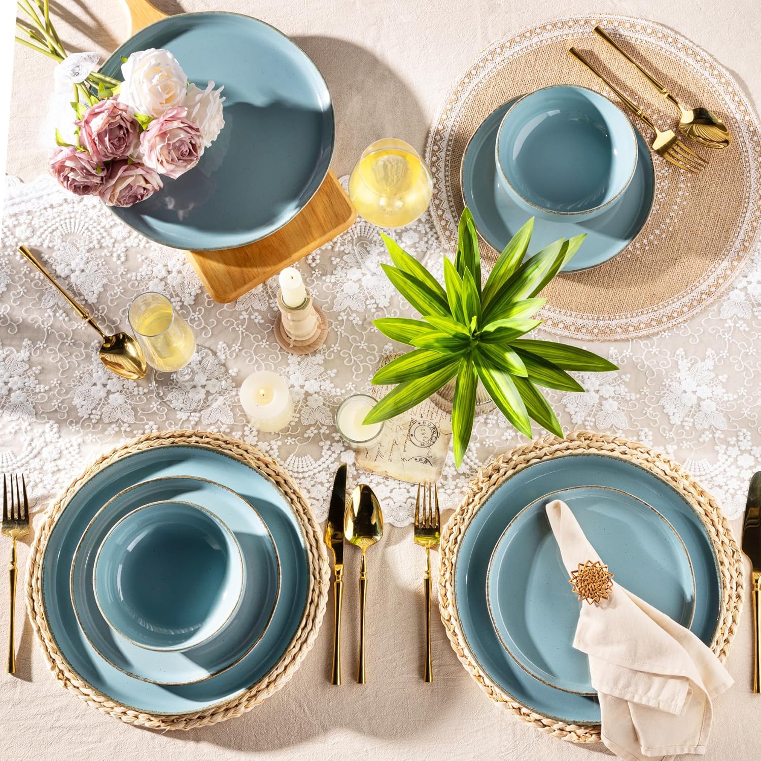 AmorArc Ceramic Dinnerware Sets for 4, 12 Pieces Handpainted Plates and Bowls Set with Rustic Terracotta Underside, Scratch Resistant Stoneware Dishes Set, Dishwasher & Microwave Safe - Image 6