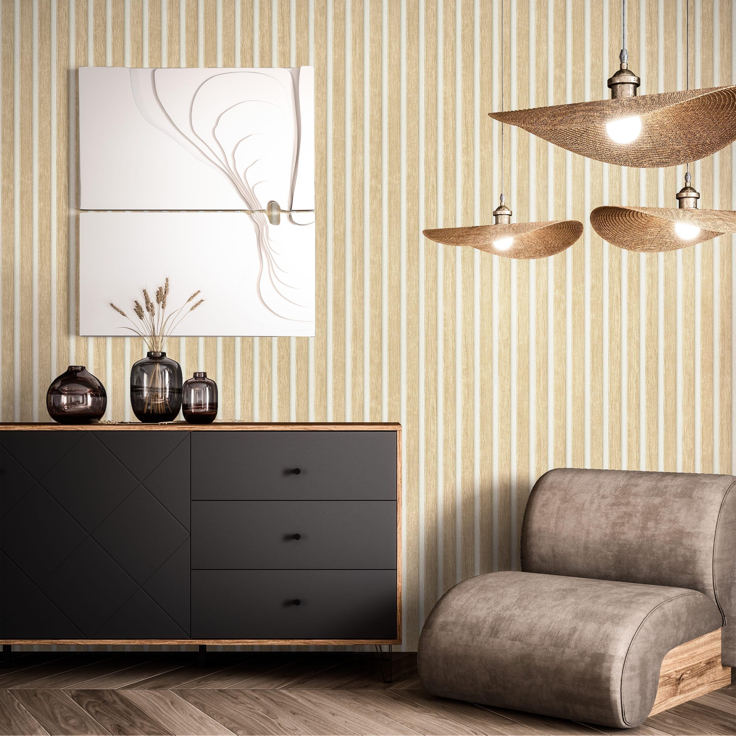 Newroom Tapete Beige Vlies Holzpaneele - Skandinavisch Modern Wandpaneele für Wohnzimmer Schlafzimmer