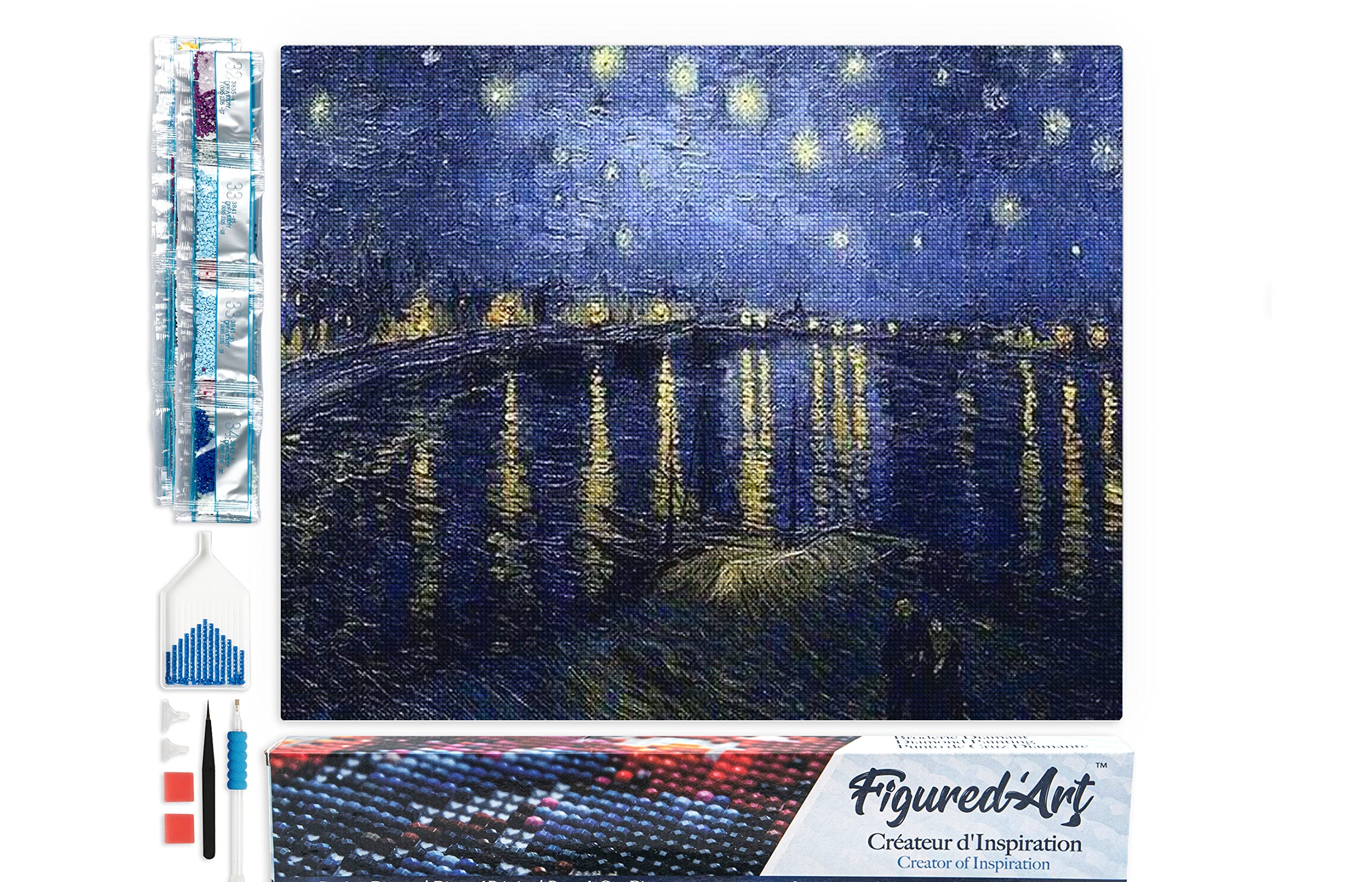 Diamond Painting Kit completo - Cuadro 40x50cm de Pintura de Diamante - Lienzo entero enrollado con diamantes cuadrados - Noche estrellada de Van Gogh sobre el Ródano - 5D DIY Manualidades