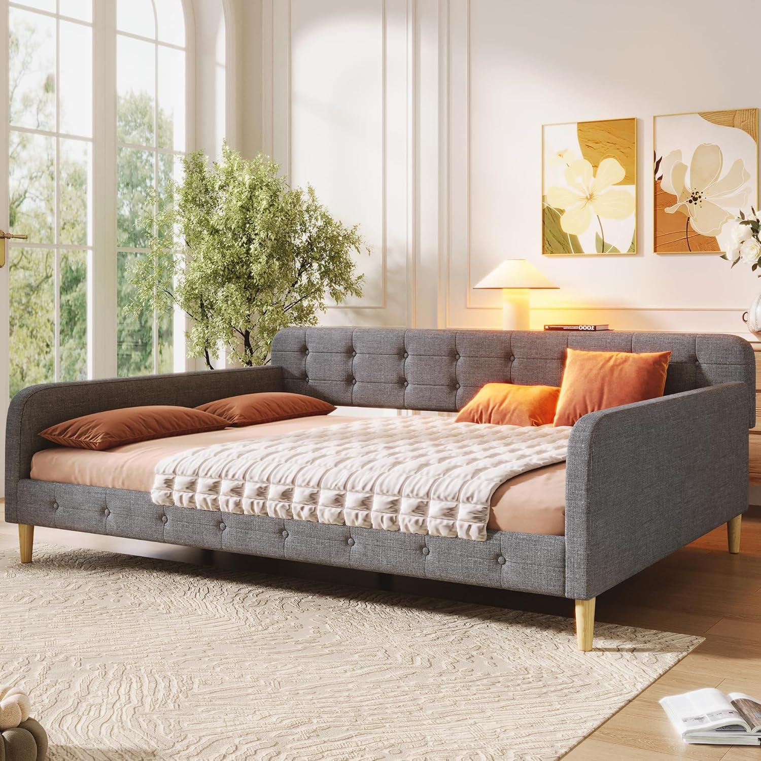 Bellemave Queen Upholstered Daybed with 4 Support Legs, Corner Bed, Upholstered Bedframe for Kids,Teens,Adults, Gray (Linen)