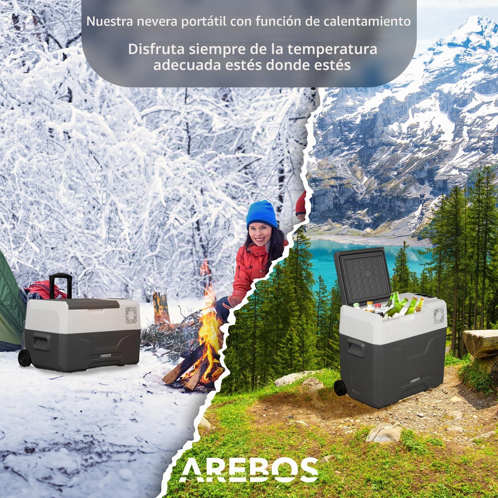 Arebos Nevera de compresor ruedas 47 litros | Congelador eléctrico con control APP para enfriar, congelar y mantener caliente | Refrigeración hasta -20 °C | Nevera para coche