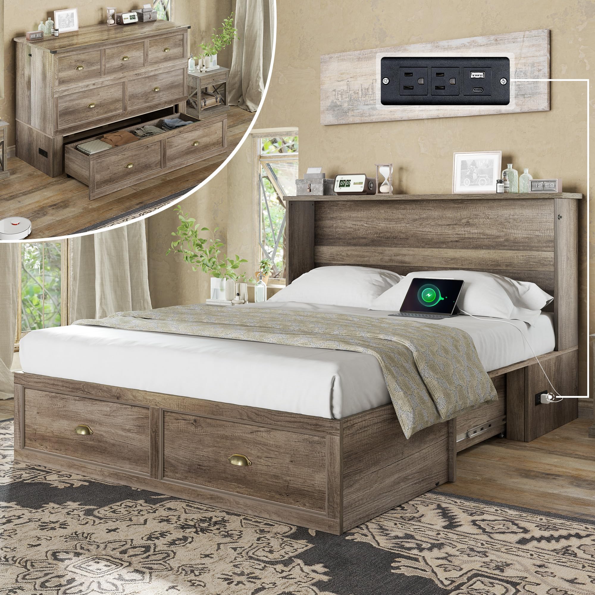 AMERLIFE Full Size Murphy Bed, Farmhouse Wooden Cabinet with Charging Station and Storage Drawer for Bedroom/Office/Guest Room, Grey Oak